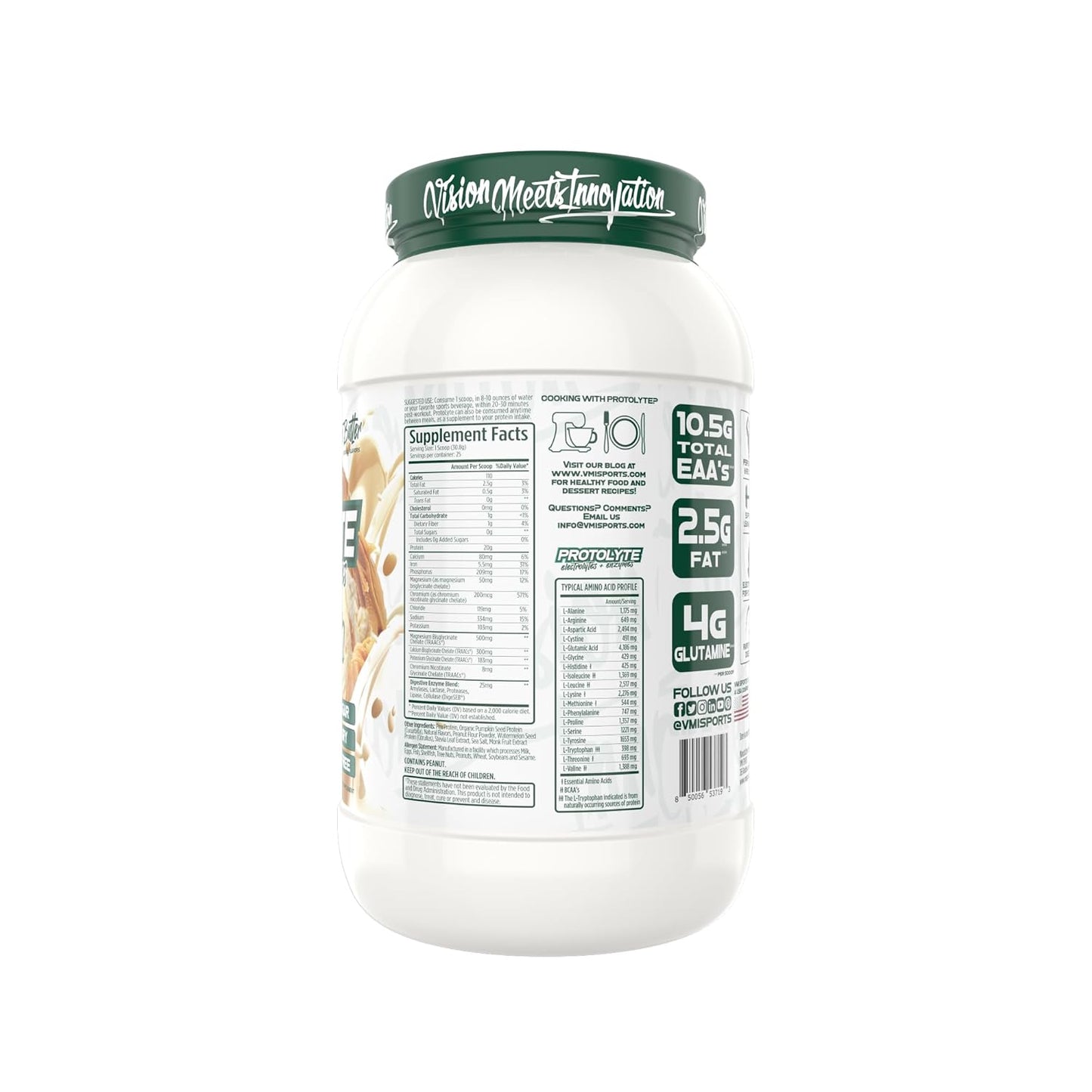 VMI Sports Protolyte Plant Protein with Electrolytes and Enzymes - Vanilla Peanut Butter Flavor - 20g Protein - 10.5g EAAs - Zero Sugar, Dairy, Gluten (25 Servings)