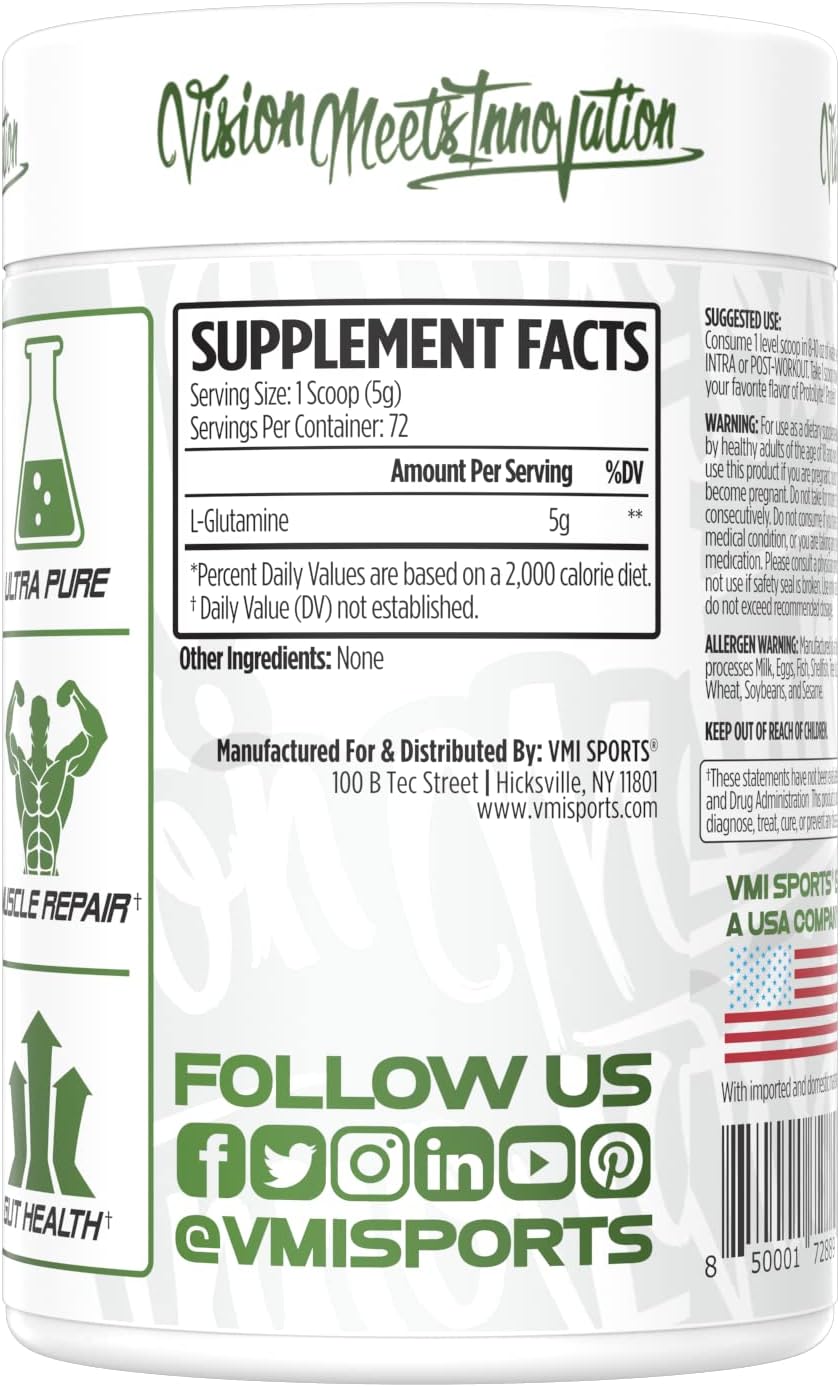VMI Sports Pure L-Glutamine Powder for Muscle Repair & Recovery - Promotes Gut Health & Protein Synthesis - 5g per Serving - 72 Servings