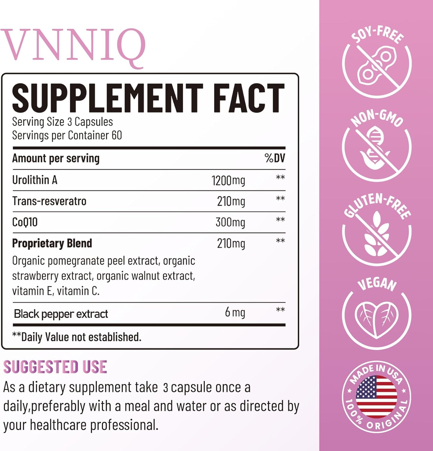 VNNIQ 9-in-1 Anti-Aging Supplement for Women: Urolithin A, Resveratrol, CoQ10 Capsules - USA Lab Verified Support Healthy Cellular Renewal