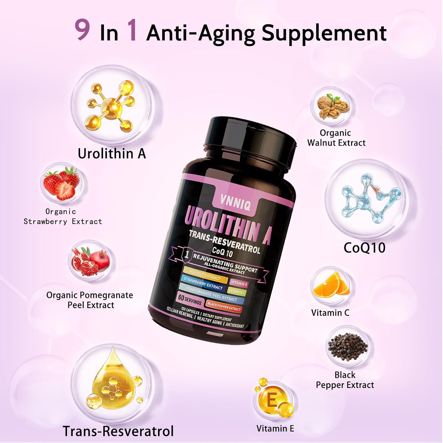 VNNIQ 9-in-1 Anti-Aging Supplement for Women: Urolithin A, Resveratrol, CoQ10 Capsules - USA Lab Verified Support Healthy Cellular Renewal