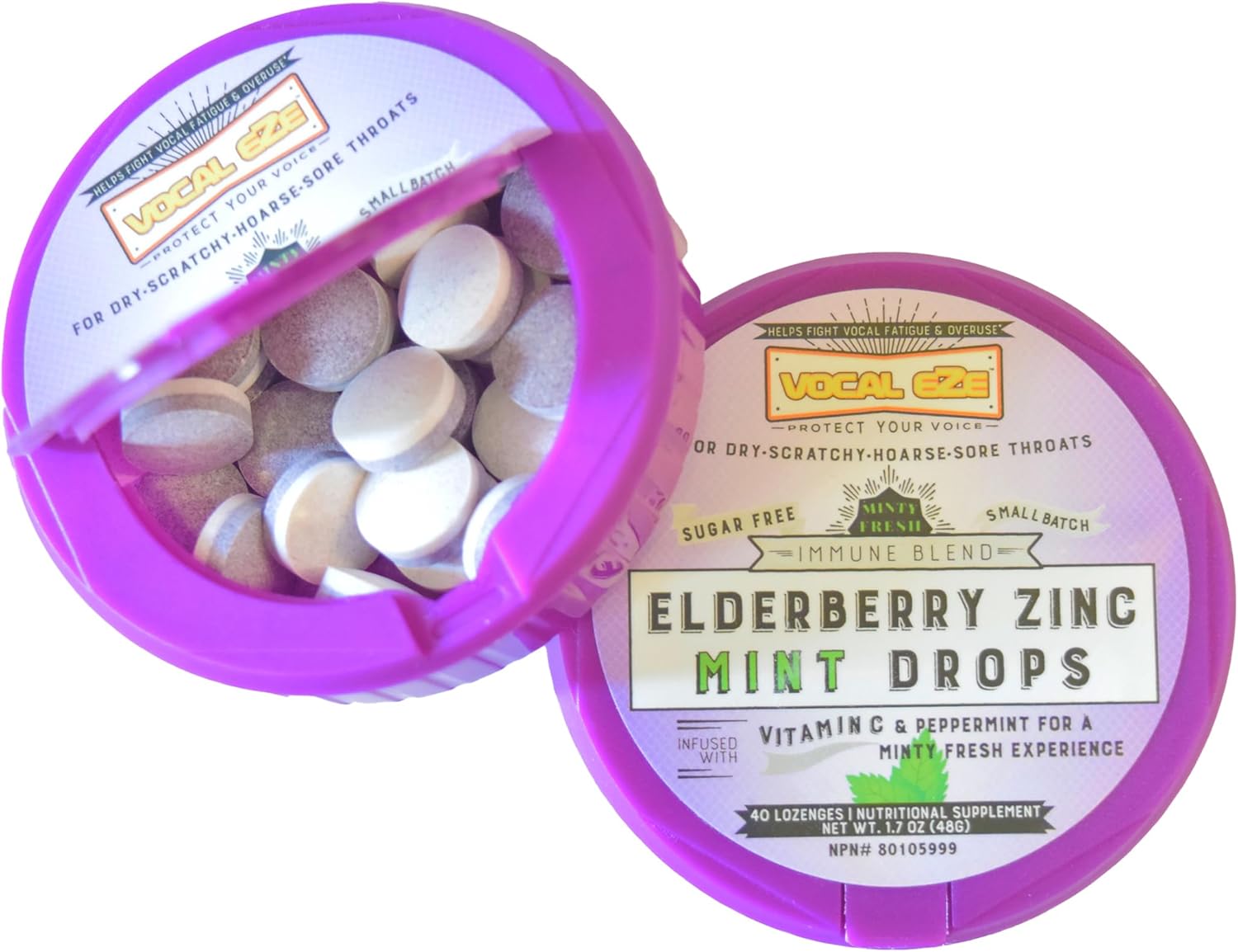 Vocal Eze Elderberry Mint Lozenges with Vitamin C, Zinc - 40 Count - Soothes Sore Throat, Supports Voice, Sugar Free