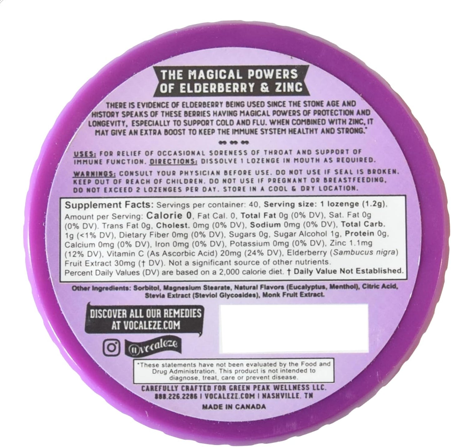 Vocal Eze Elderberry Mint Lozenges with Vitamin C, Zinc - 40 Count - Soothes Sore Throat, Supports Voice, Sugar Free