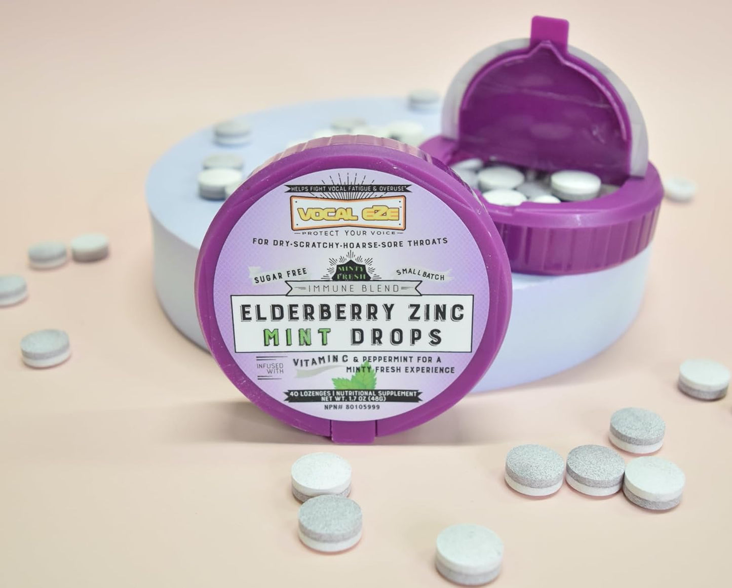 Vocal Eze Elderberry Mint Lozenges with Vitamin C, Zinc - 40 Count - Soothes Sore Throat, Supports Voice, Sugar Free