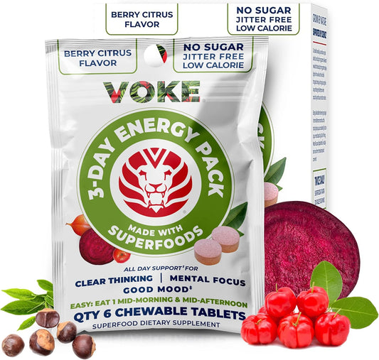 Voke Energy Tablets - Superfood Chewable Tablets for Rapid Focus & Memory, Vitamin C, 30 Count x 5 Pack, Portable & Resealable Pack.