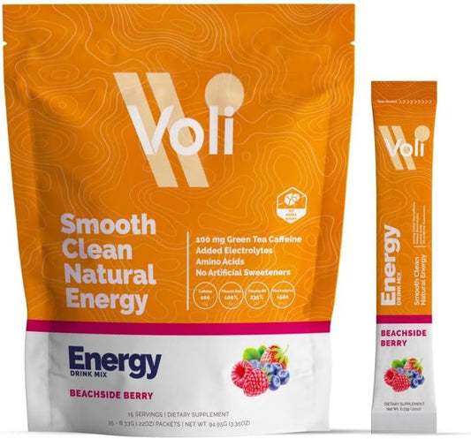 Voli Wellness Beachside Berry Energy Supplement - Clean Energy with Green Tea Extract, No Artificial Sweeteners, 15 Servings