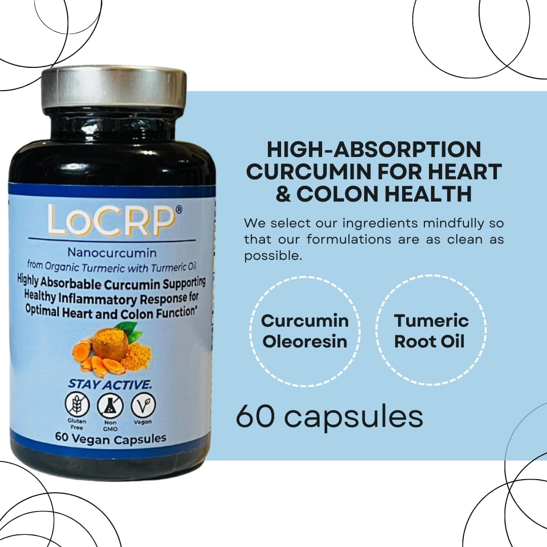 Vonacor LoCRP Nano-Absorb Curcumin & Turmeric Oil Capsules - Vegan Heart & Colon Support - 60 Day Supply