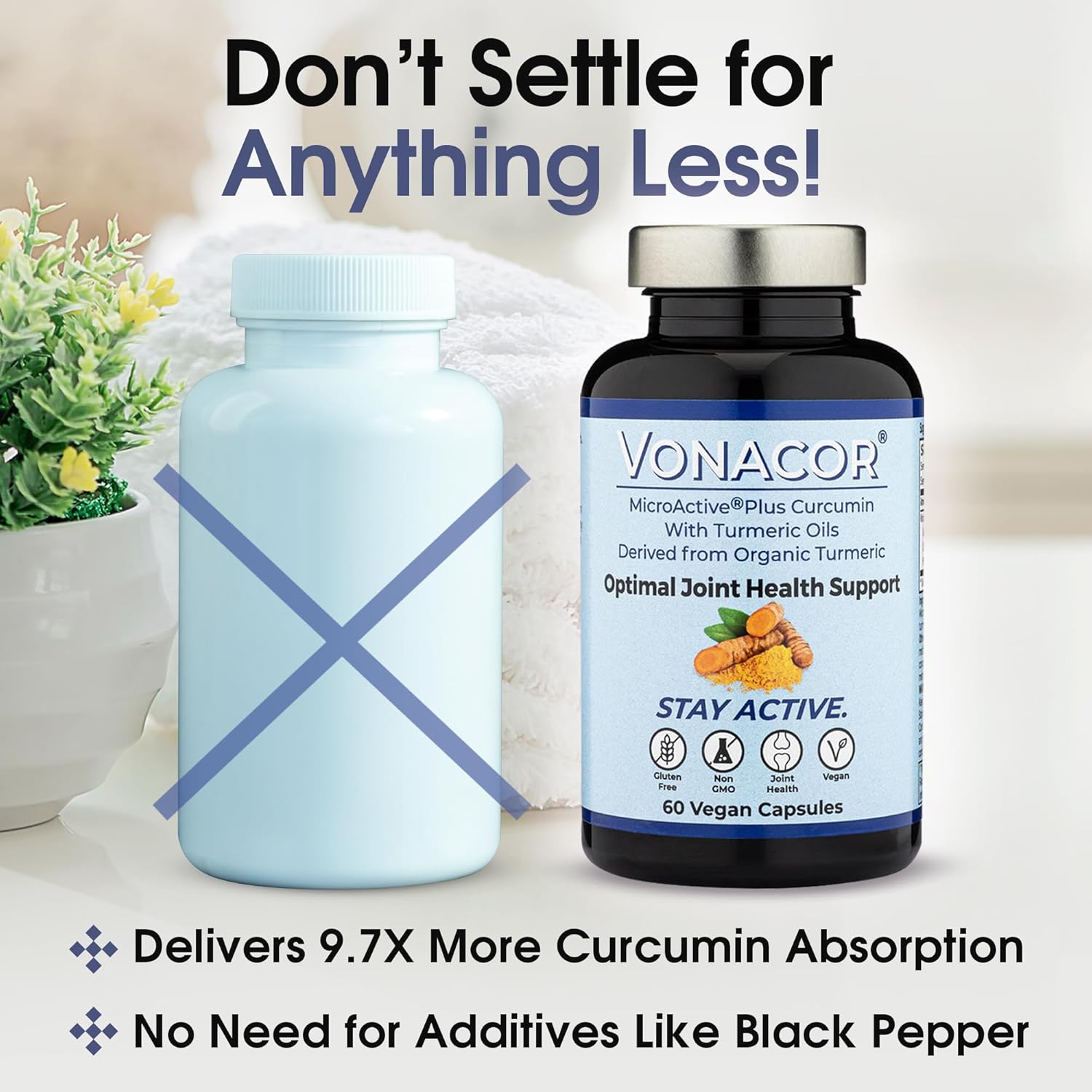 Vonacor MicroActive Curcumin with Turmeric Oil Extract 500mg Capsules for Joint Health - Vegan, Non-GMO, Gluten-Free - 60 Count