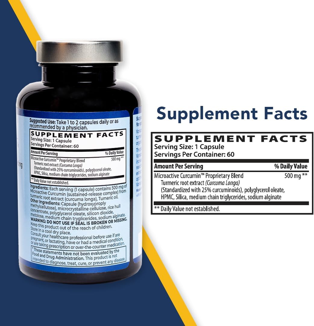 Vonacor MicroActive Curcumin with Turmeric Oil Extract 500mg Capsules for Joint Health - Vegan, Non-GMO, Gluten-Free - 60 Count