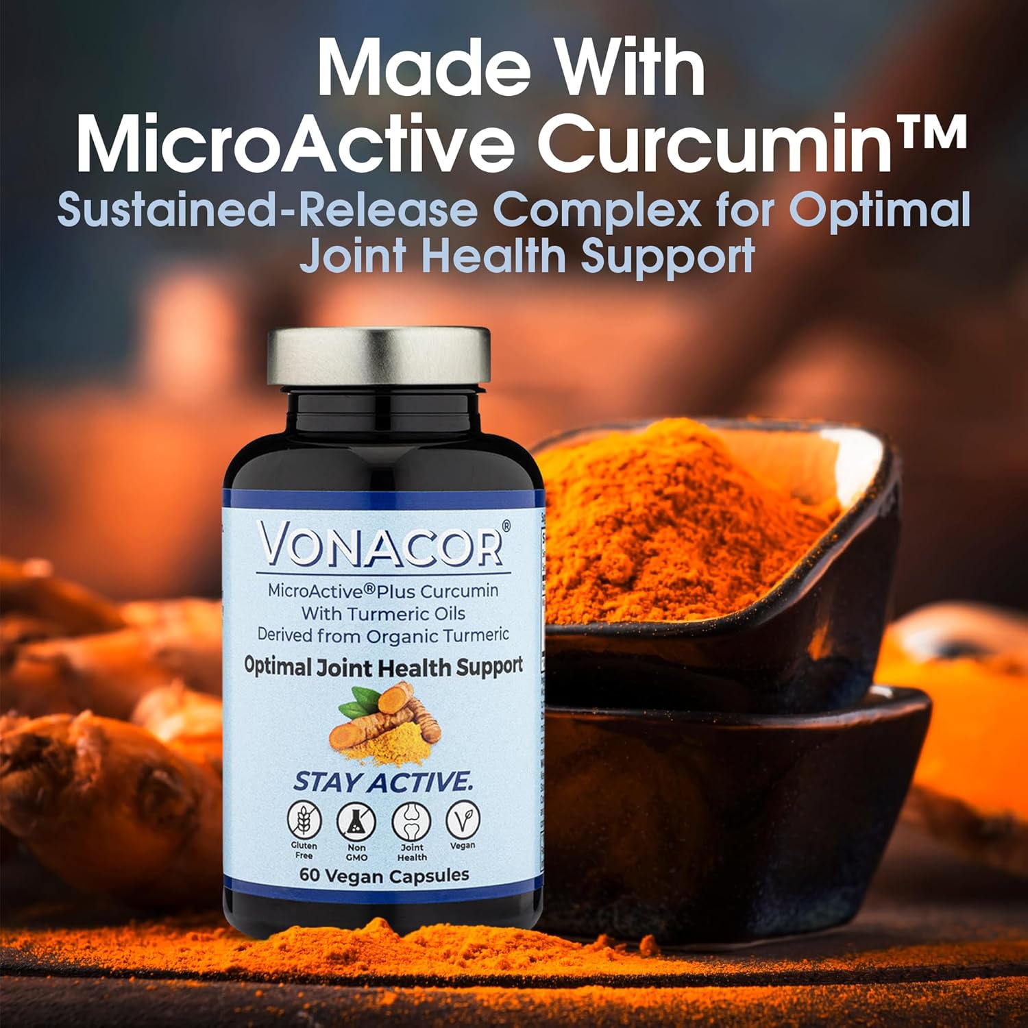 Vonacor MicroActive Curcumin with Turmeric Oil Extract 500mg Capsules for Joint Health - Vegan, Non-GMO, Gluten-Free - 60 Count