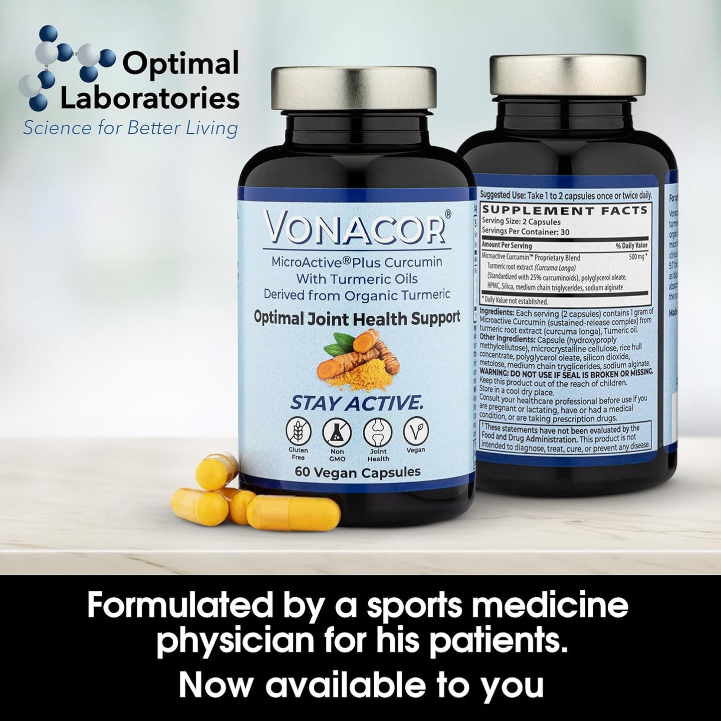 Vonacor MicroActive Curcumin with Turmeric Oil Extract 500mg Capsules for Joint Health - Vegan, Non-GMO, Gluten-Free - 60 Count