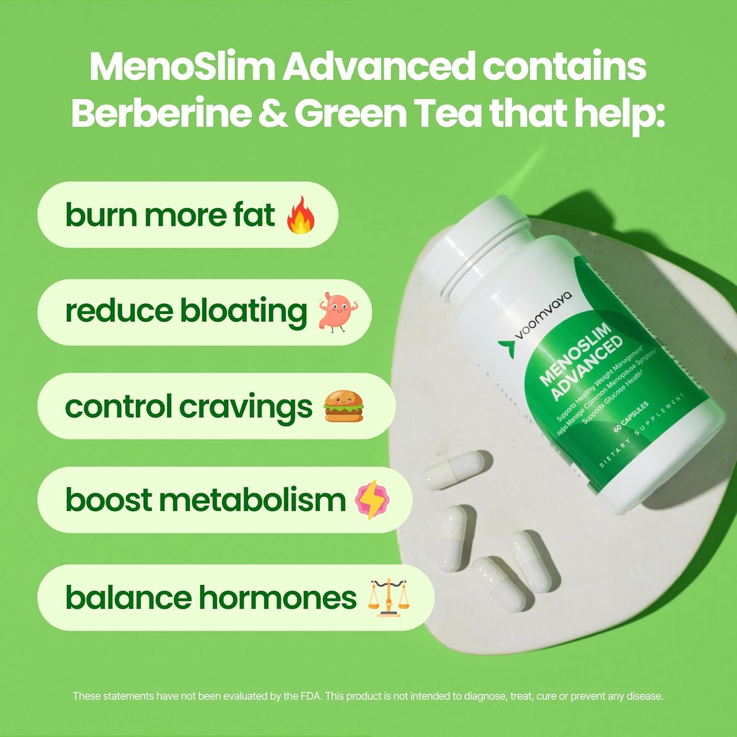 VoomVaya MenoSlim Advanced Menopause Weight Loss Supplements for Women - Hormone Support & Relief for Hot Flashes, Bloating, and Energy - 60 Capsules