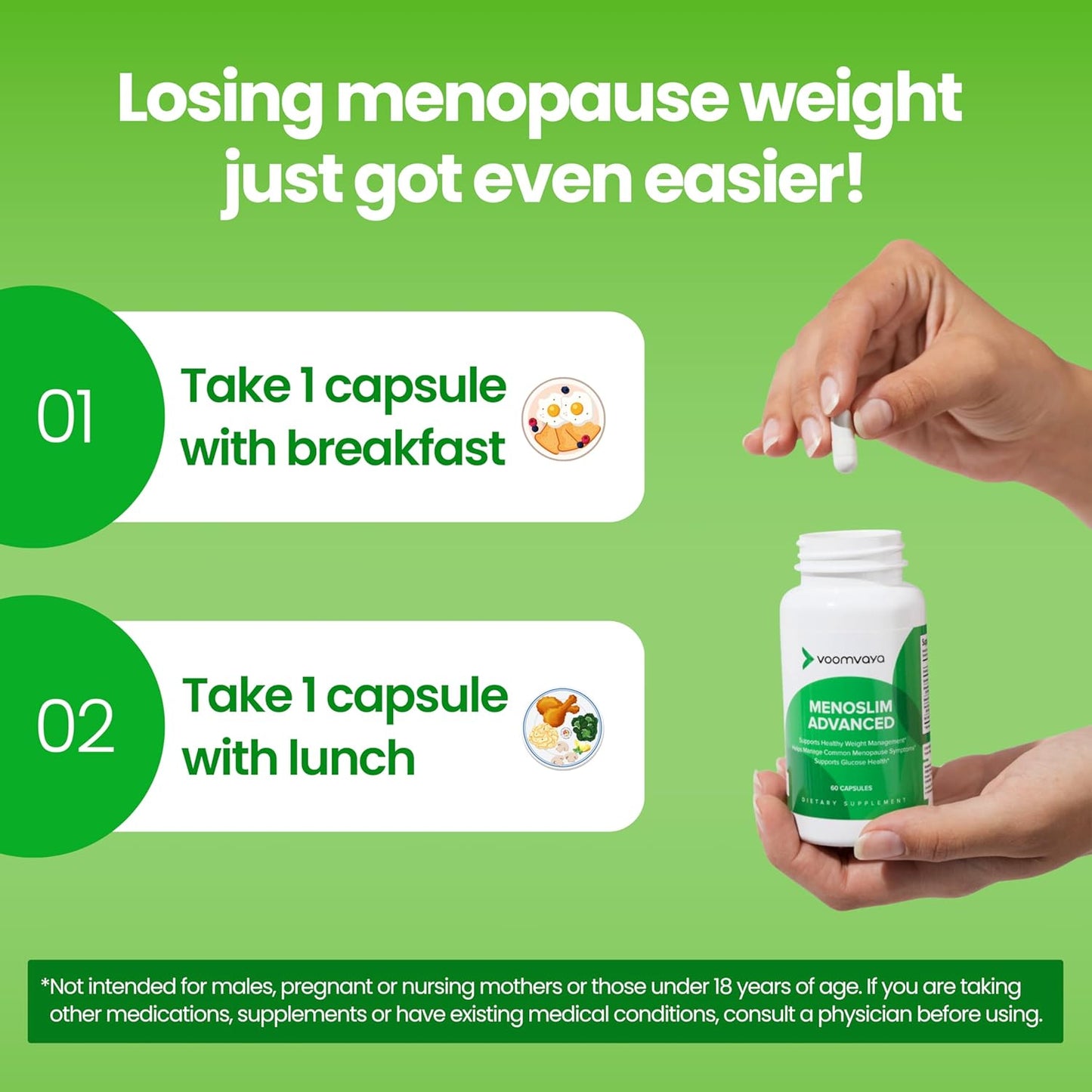 VoomVaya MenoSlim Advanced Menopause Weight Loss Supplements for Women - Hormone Support & Relief for Hot Flashes, Bloating, and Energy - 60 Capsules