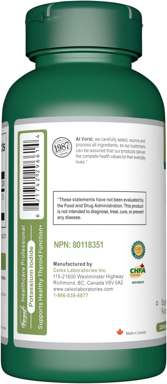 VORST Potassium Iodide 800mcg Capsules - Thyroid Support Supplement for Women & Men - 120 Vegan Capsules - Iodine Source
