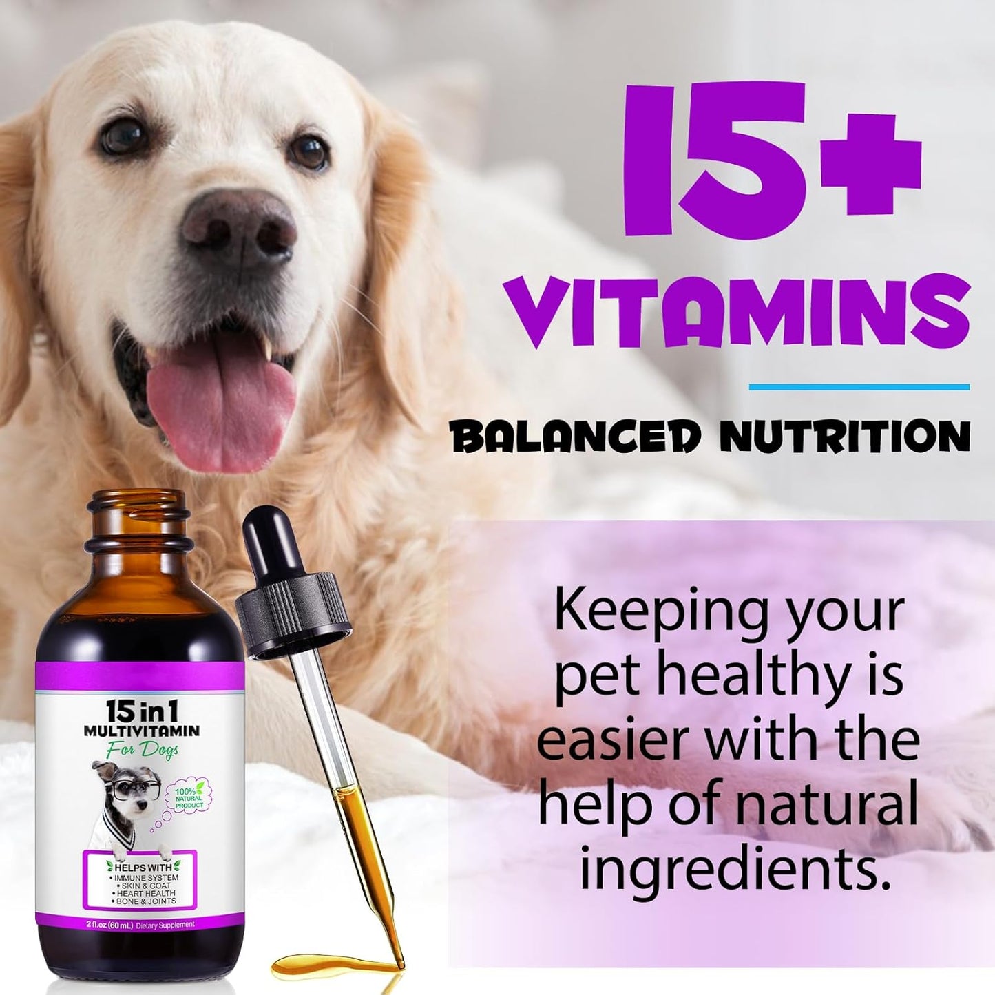 VOSIFSDIY 15-in-1 Dog Multivitamin Liquid Drops for Heart, Bones, Joints, Skin, Coat, Bladder, Immune System - 60ml x 2