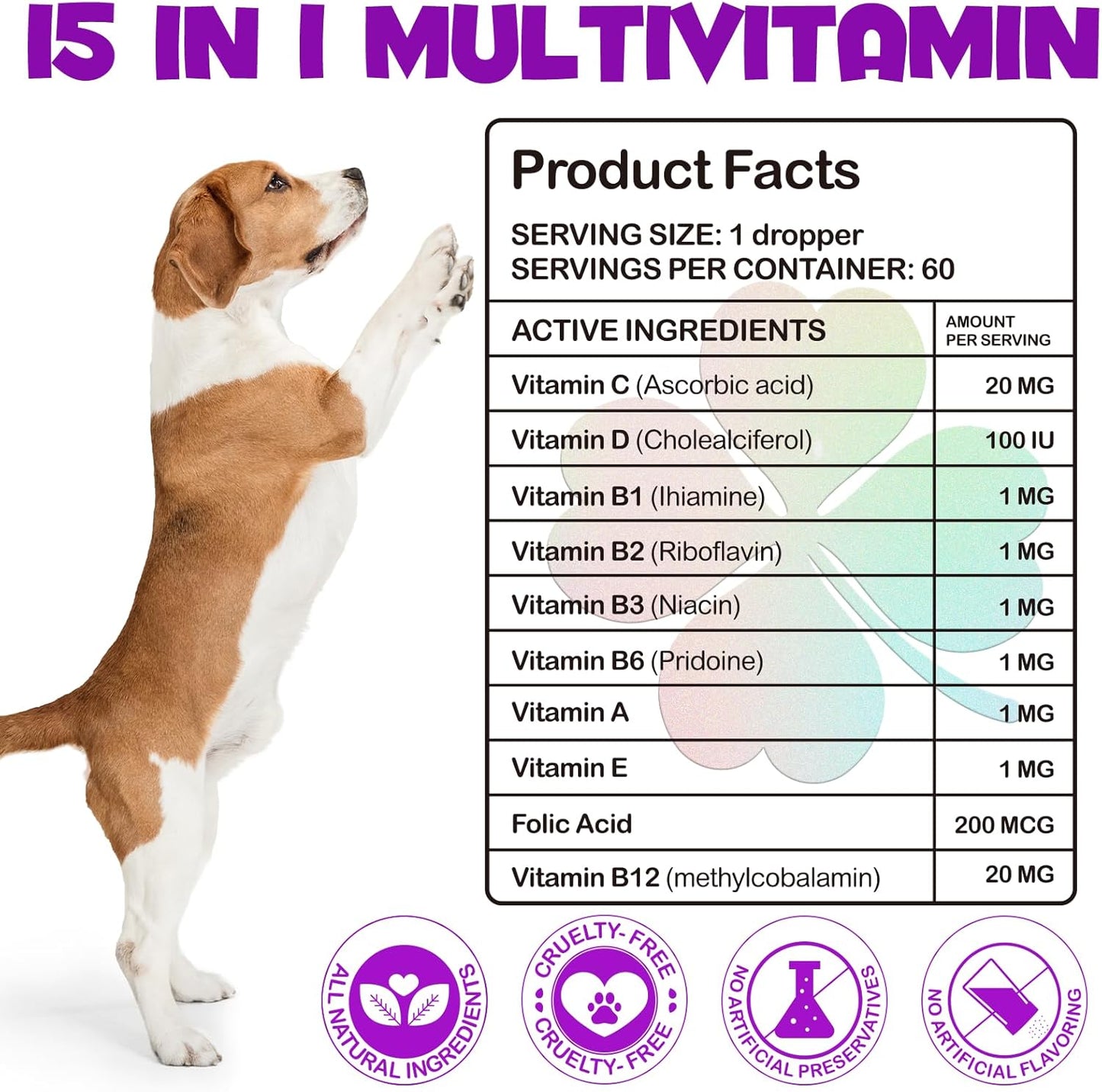 VOSIFSDIY 15-in-1 Dog Multivitamin Liquid Drops for Heart, Bones, Joints, Skin, Coat, Bladder, Immune System - 60ml x 2
