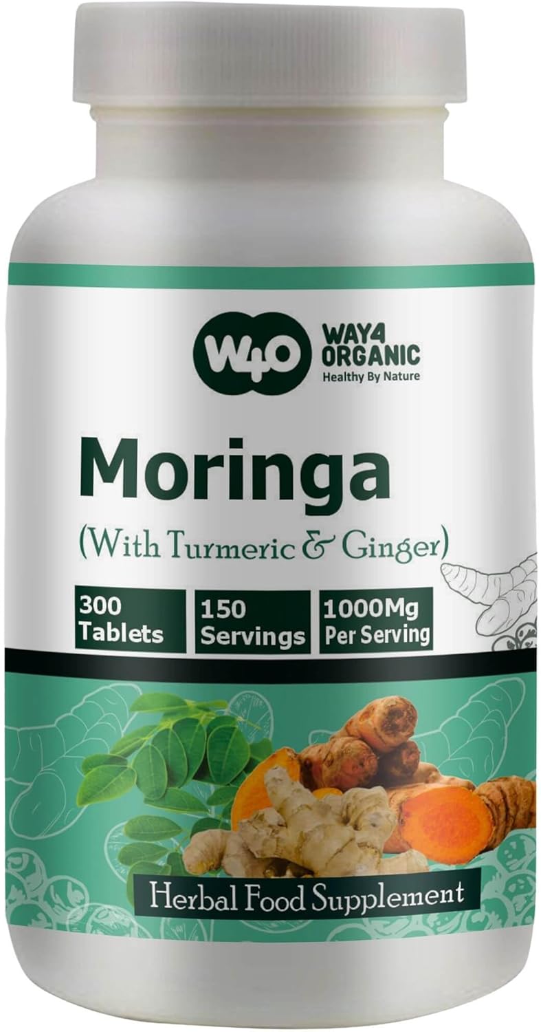 W4O Organic Moringa Tablets with Turmeric & Ginger, 300 Pills, 5-Month Supply, 1000mg per Serving - Digestive Health Support
