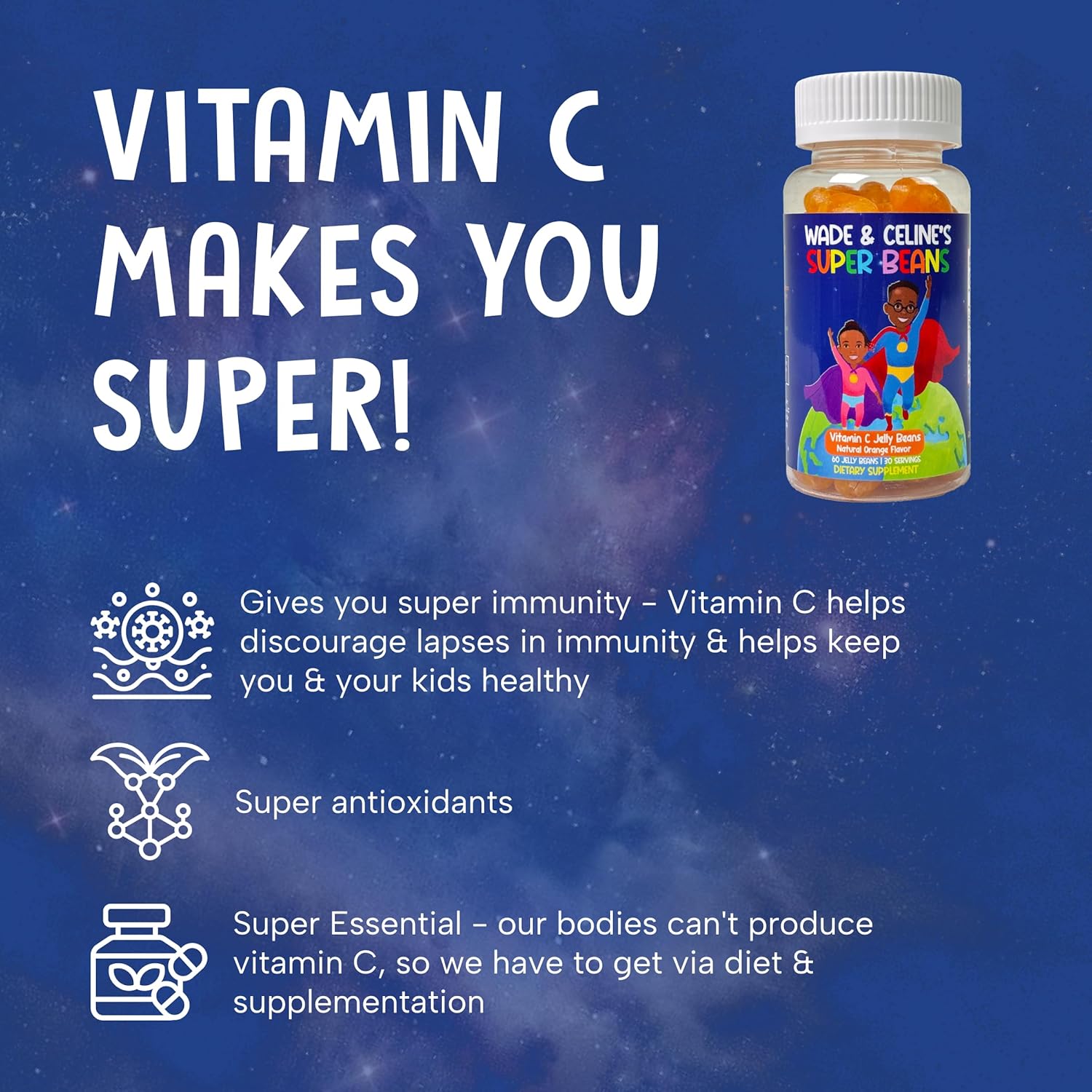 Wade & Celine's Super Beans Vitamin C Jelly Beans - 80mg Immune Support Gummies for Kids - Vegan & Gluten Free - Natural Orange Flavor - 60 Count