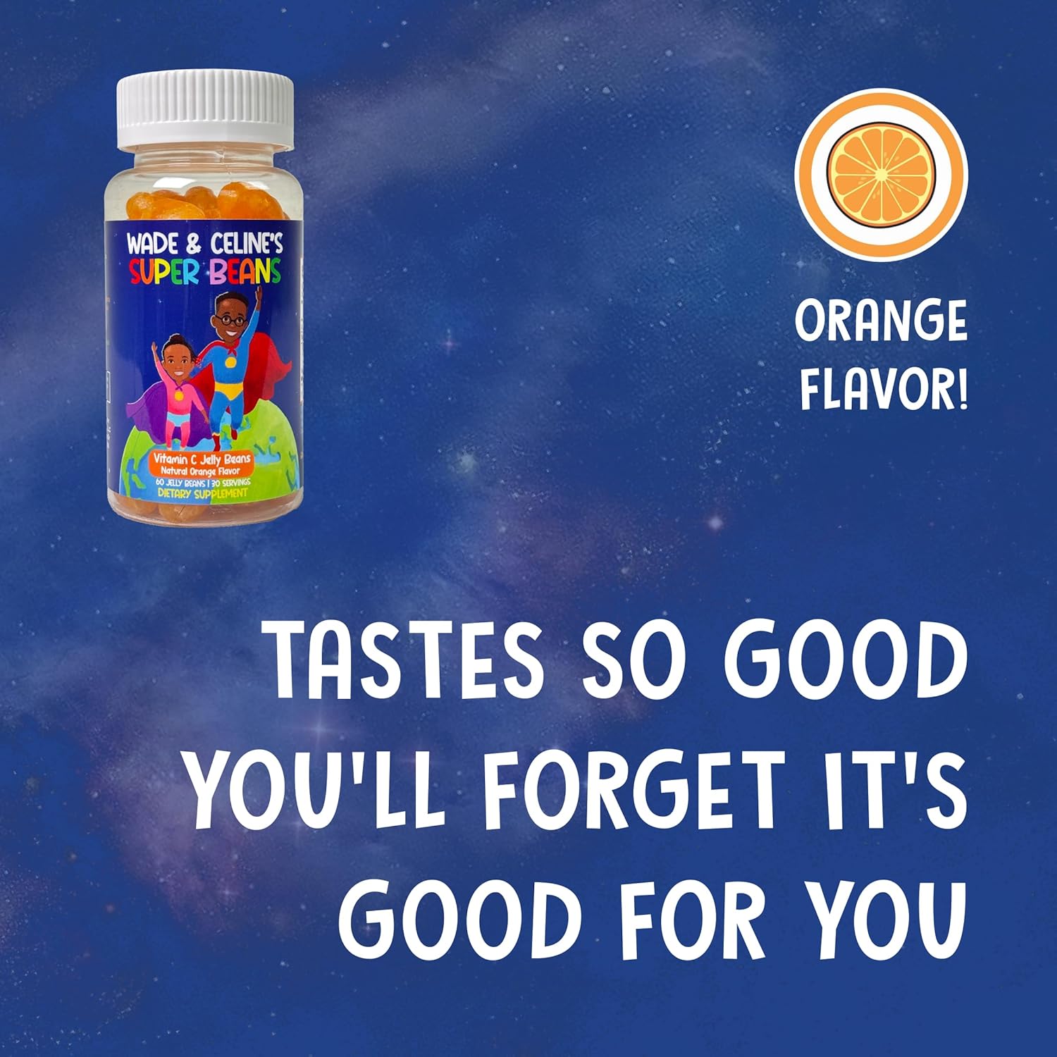 Wade & Celine's Super Beans Vitamin C Jelly Beans - 80mg Immune Support Gummies for Kids - Vegan & Gluten Free - Natural Orange Flavor - 60 Count