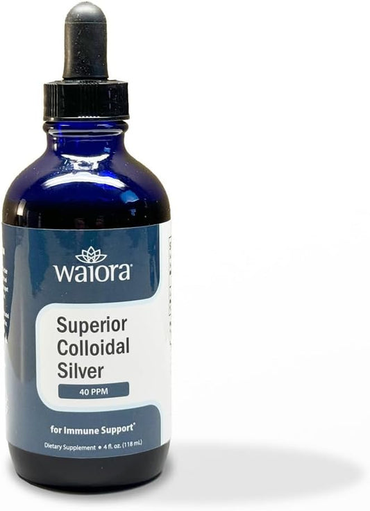 Waiora Superior Colloidal Silver Liquid Mineral Supplement 40 PPM in Blue Glass Bottle - Immune Support (1 bottle/22 servings)