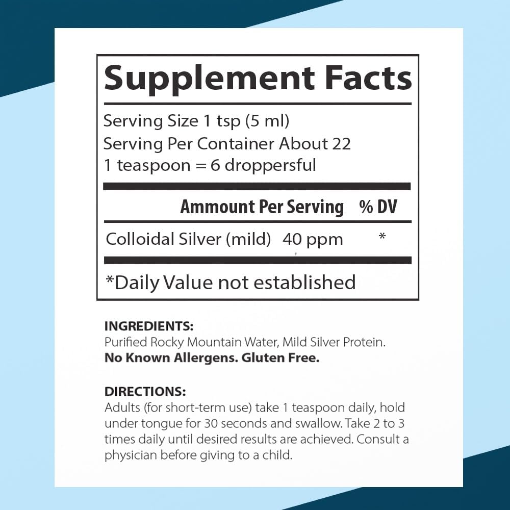 Waiora Superior Colloidal Silver Liquid Mineral Supplement 40 PPM in Blue Glass Bottle - Immune Support (1 bottle/22 servings)