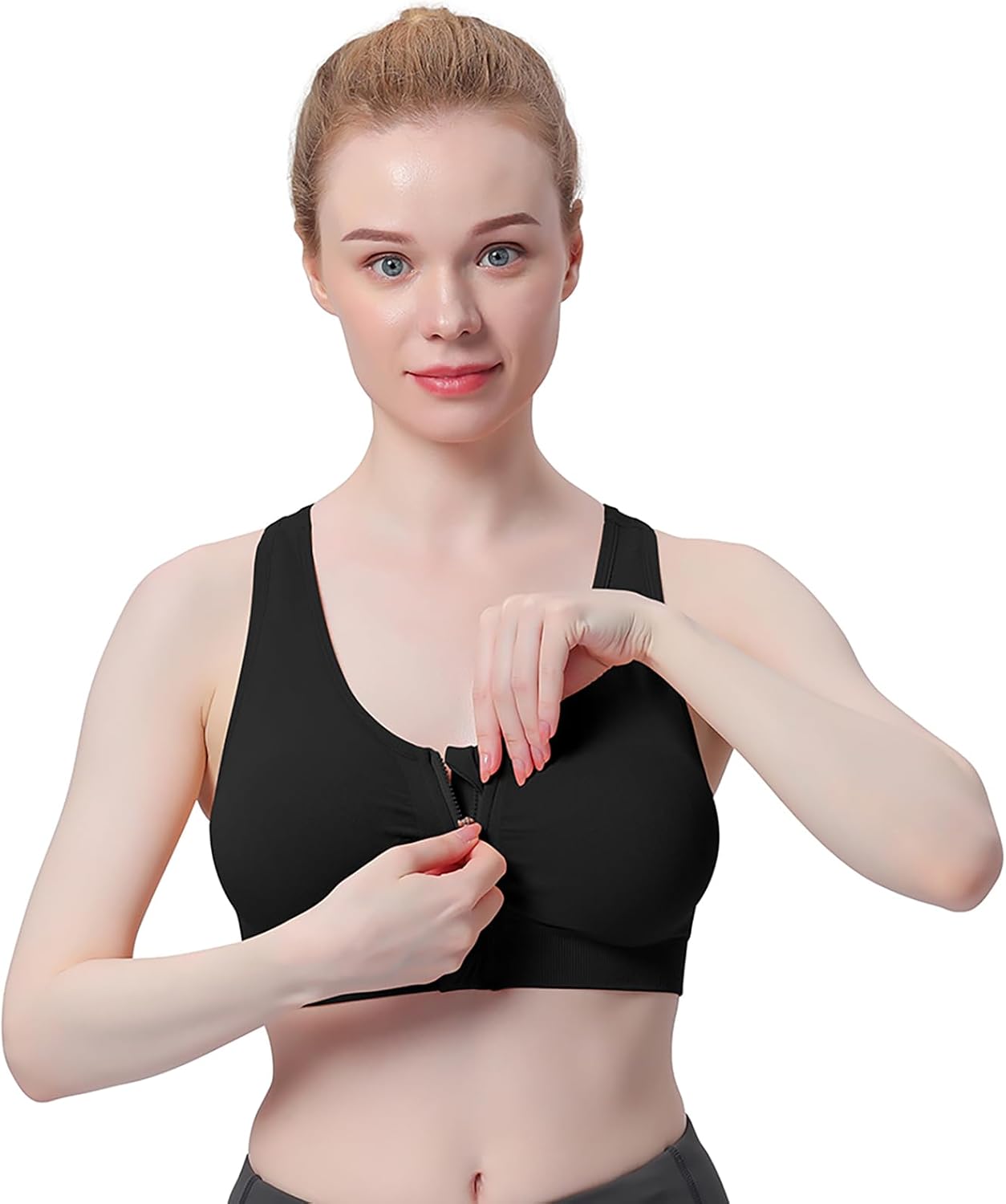WANAYOU Women's Wireless Zip Front Post-Surgery Sports Bra for Active Yoga