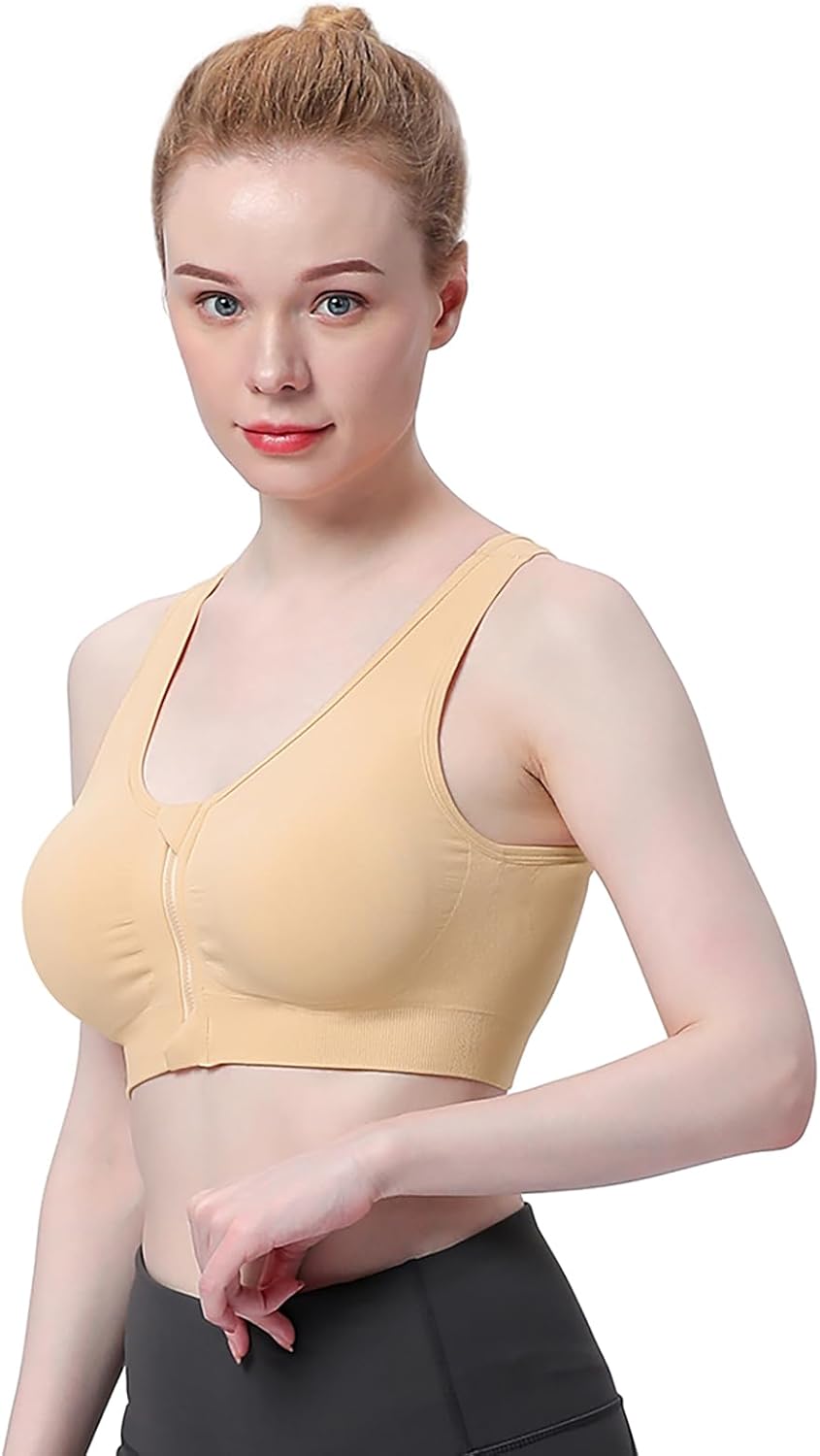 WANAYOU Women's Wireless Zip Front Post-Surgery Sports Bra for Active Yoga
