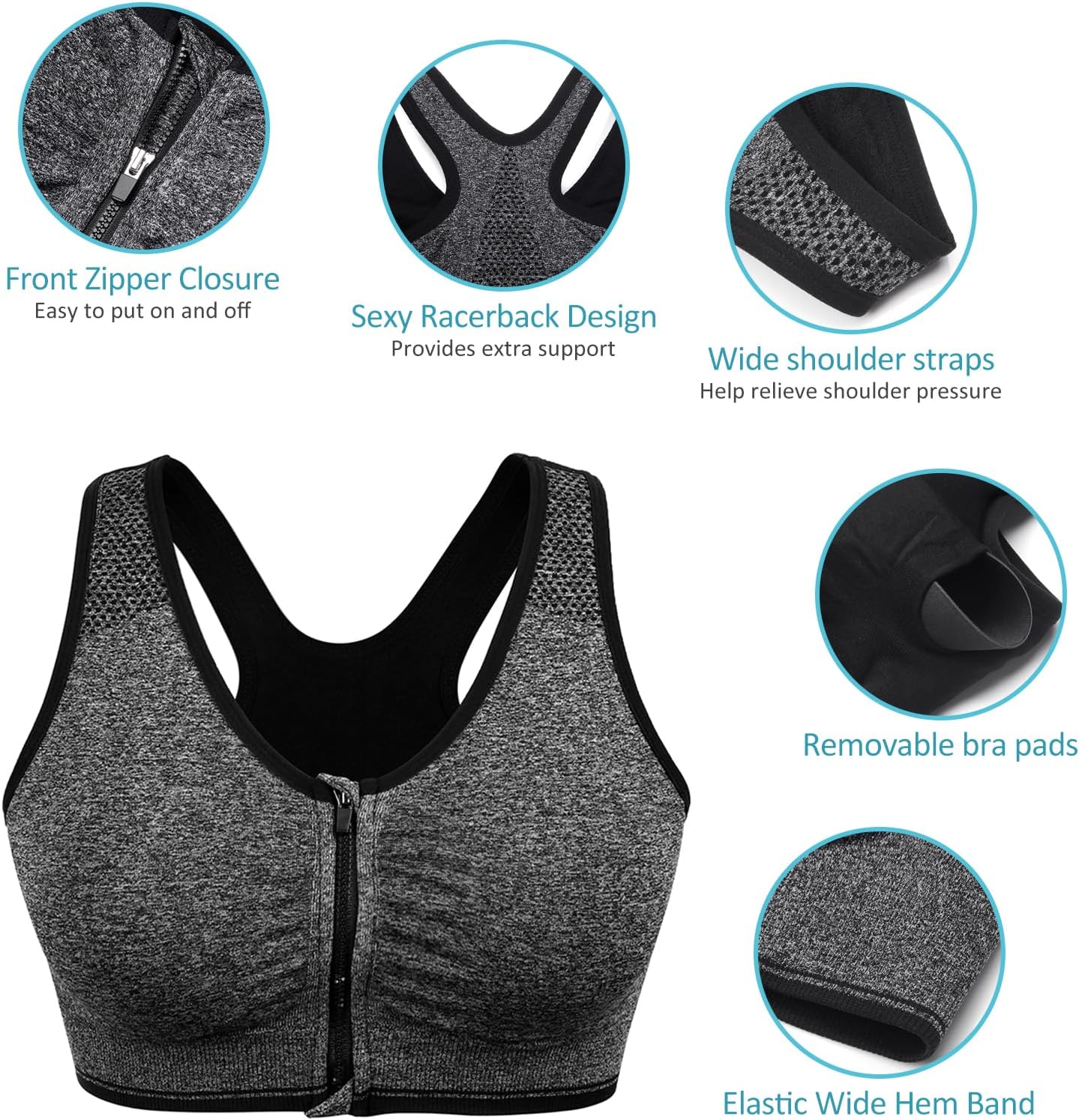 WANAYOU Women's Wireless Zip Front Post-Surgery Sports Bra for Active Yoga