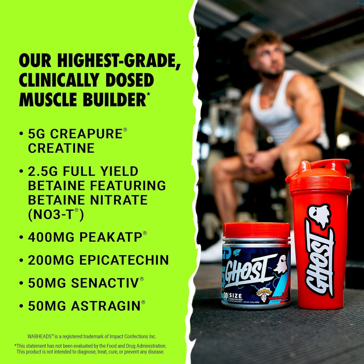 Warheads Sour Watermelon GHOST Size V3 Muscle Builder Supplement - 30 Servings - Boost Muscle Growth & Strength with Creatine & Betaine - Sugar & Gluten Free for Men & Women