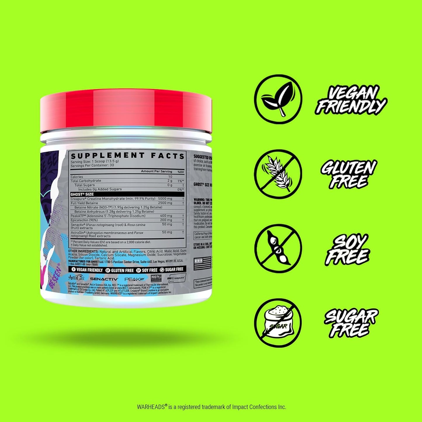Warheads Sour Watermelon GHOST Size V3 Muscle Builder Supplement - 30 Servings - Boost Muscle Growth & Strength with Creatine & Betaine - Sugar & Gluten Free for Men & Women