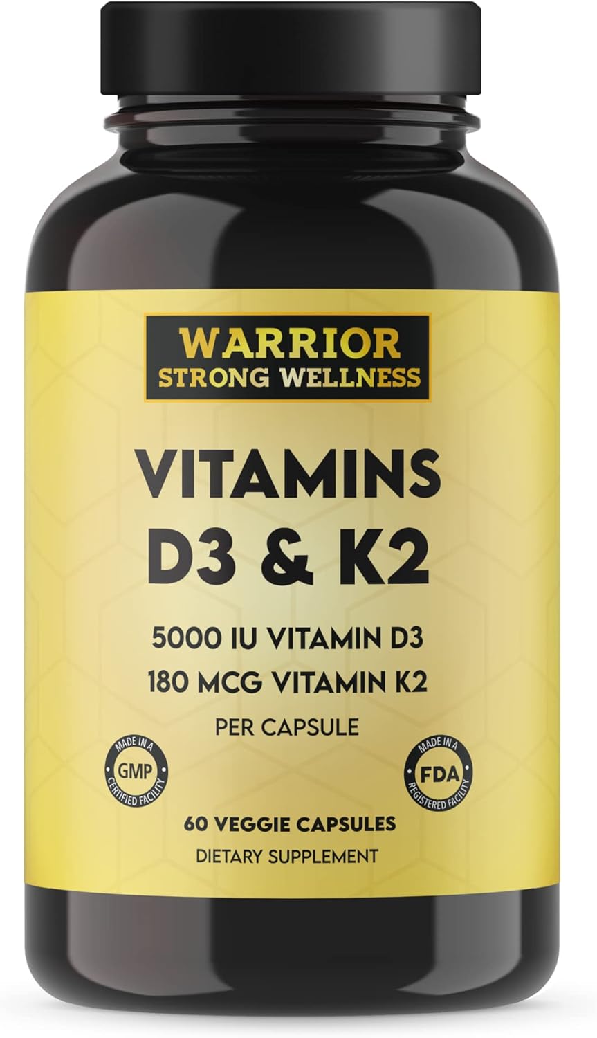 Warrior Strong Wellness Vitamin D3 and K2 Supplement - 5000IU Vitamin D3, 180MCG Vitamin K2 - Immune & Heart Support - 60 Veggie Capsules, 2 Month Supply