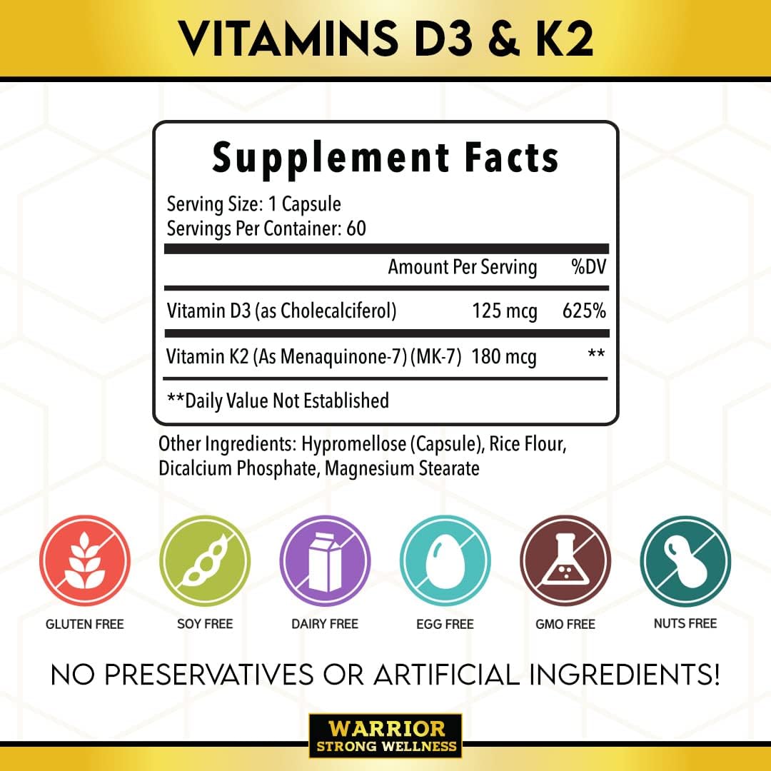 Warrior Strong Wellness Vitamin D3 and K2 Supplement - 5000IU Vitamin D3, 180MCG Vitamin K2 - Immune & Heart Support - 60 Veggie Capsules, 2 Month Supply