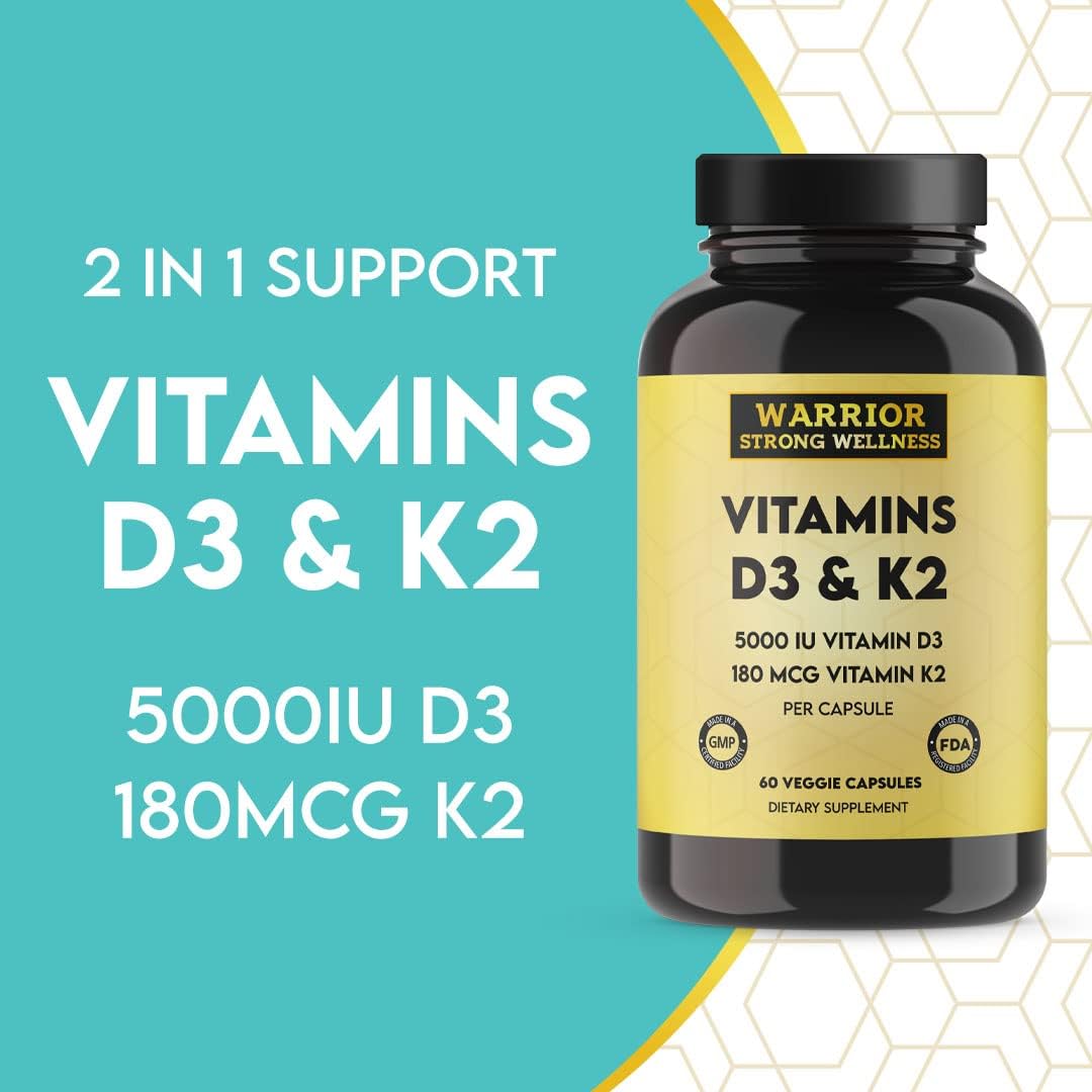 Warrior Strong Wellness Vitamin D3 and K2 Supplement - 5000IU Vitamin D3, 180MCG Vitamin K2 - Immune & Heart Support - 60 Veggie Capsules, 2 Month Supply