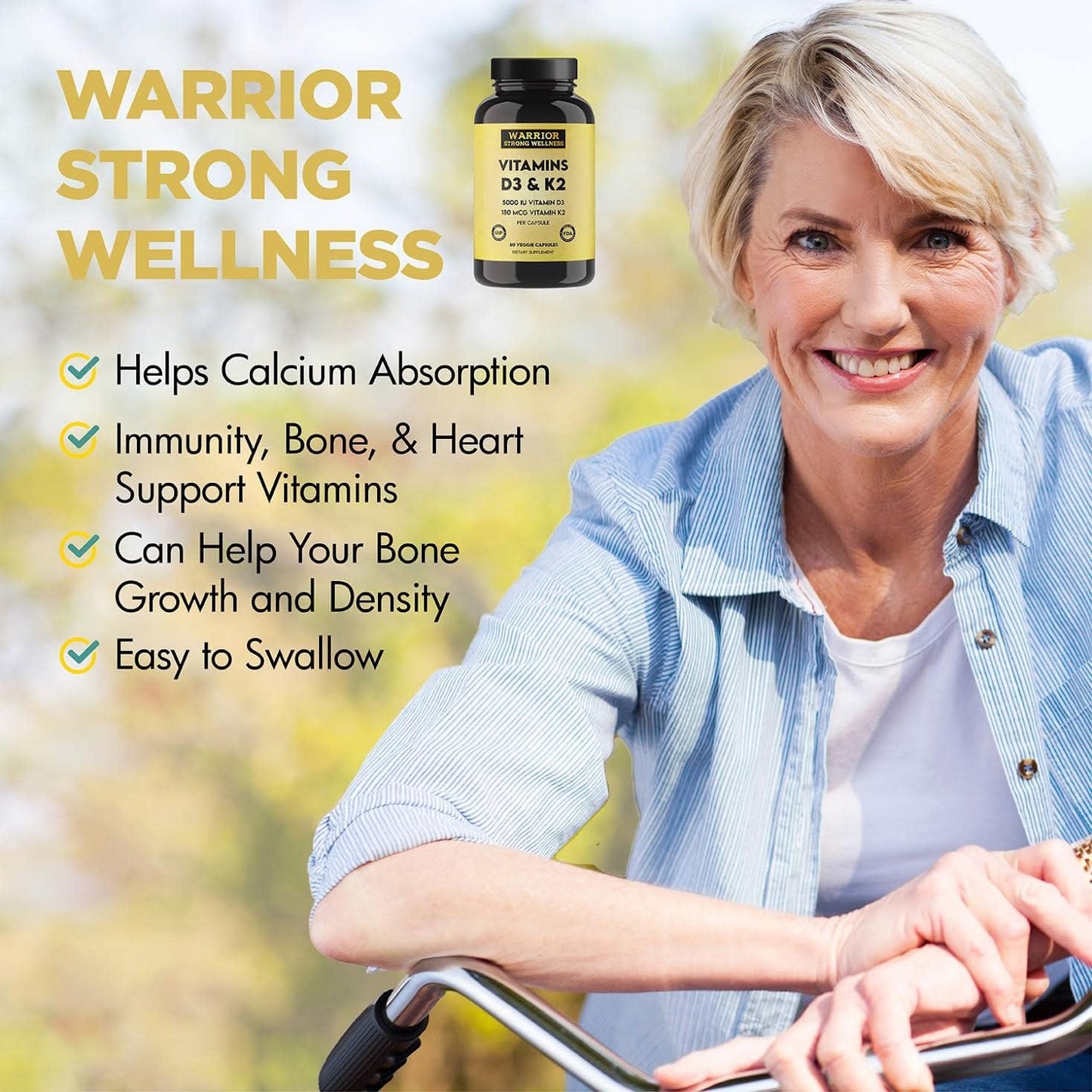Warrior Strong Wellness Vitamin D3 and K2 Supplement - 5000IU Vitamin D3, 180MCG Vitamin K2 - Immune & Heart Support - 60 Veggie Capsules, 2 Month Supply