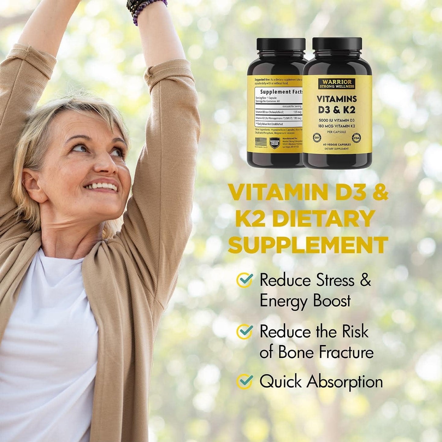 Warrior Strong Wellness Vitamin D3 and K2 Supplement - 5000IU Vitamin D3, 180MCG Vitamin K2 - Immune & Heart Support - 60 Veggie Capsules, 2 Month Supply