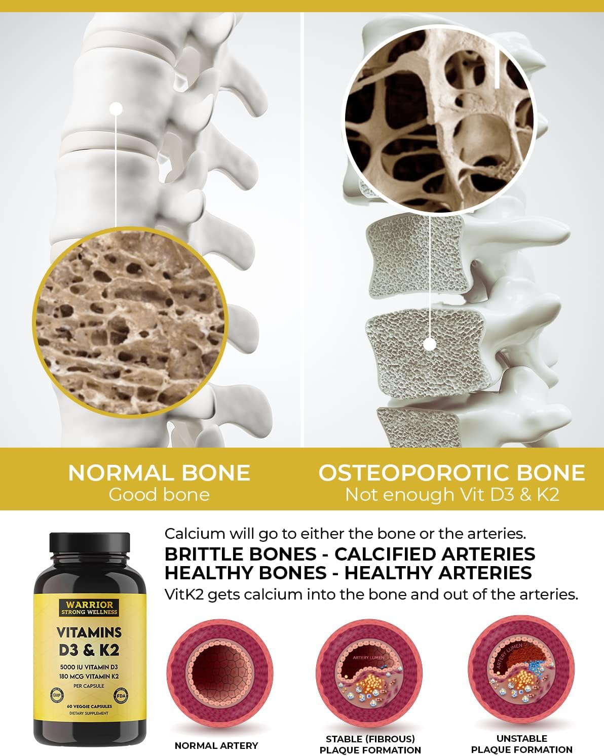 Warrior Strong Wellness Vitamin D3 and K2 Supplement - 5000IU Vitamin D3, 180MCG Vitamin K2 - Immune & Heart Support - 60 Veggie Capsules, 2 Month Supply