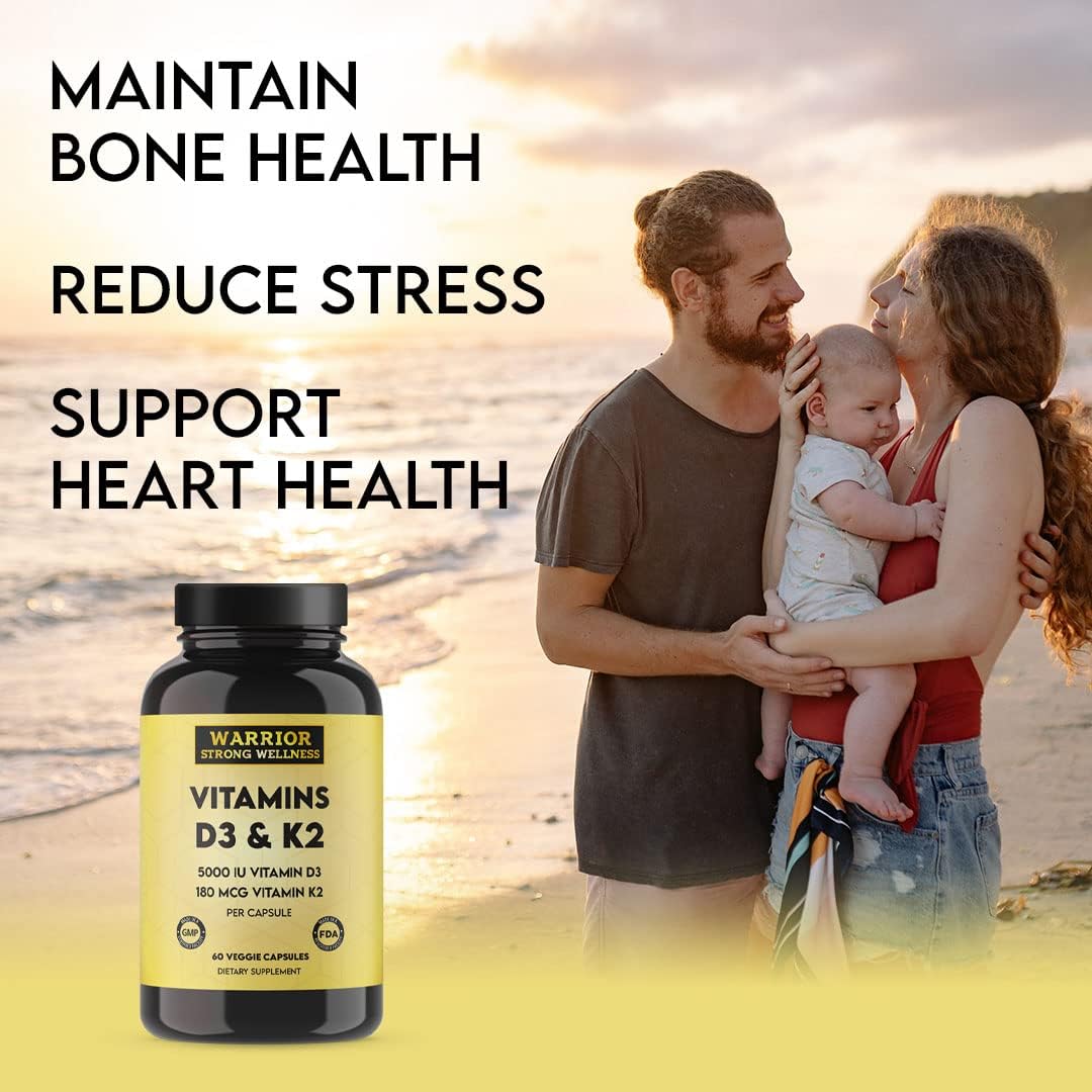 Warrior Strong Wellness Vitamin D3 and K2 Supplement - 5000IU Vitamin D3, 180MCG Vitamin K2 - Immune & Heart Support - 60 Veggie Capsules, 2 Month Supply
