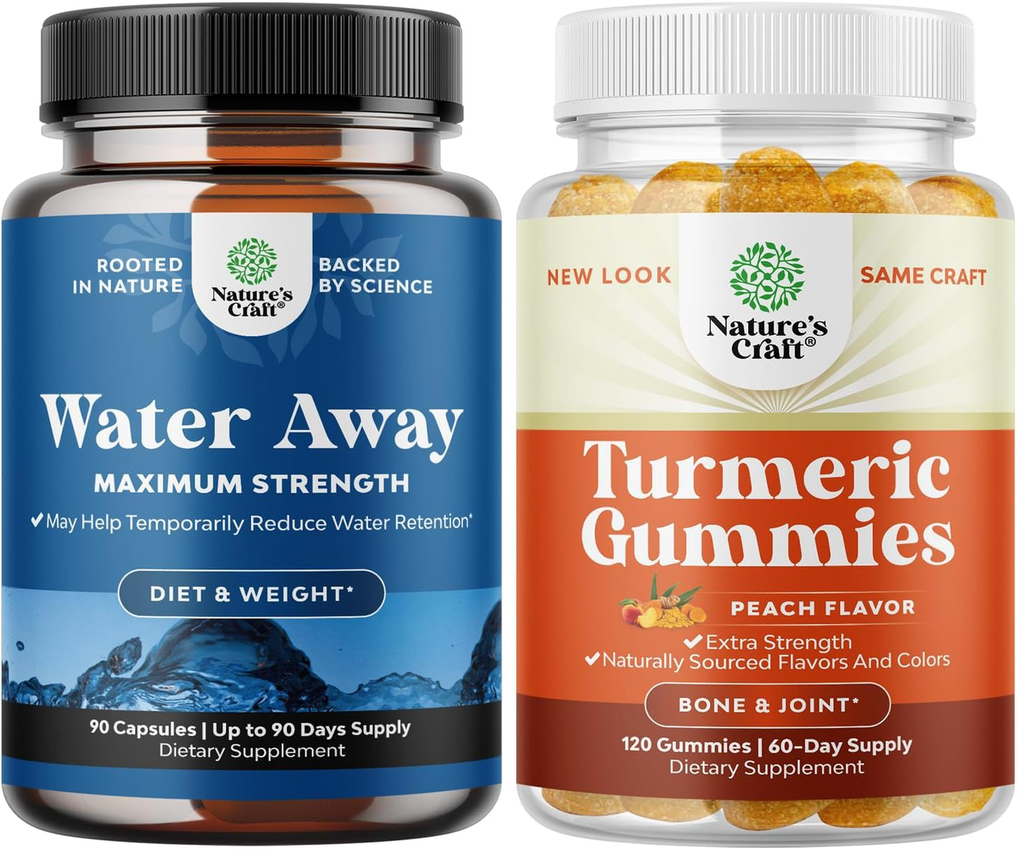 Water Away Pills Bundle: Herbal Diuretic for Bloating Relief + Turmeric Gummies for Joint Support - Peach Flavor for Adults