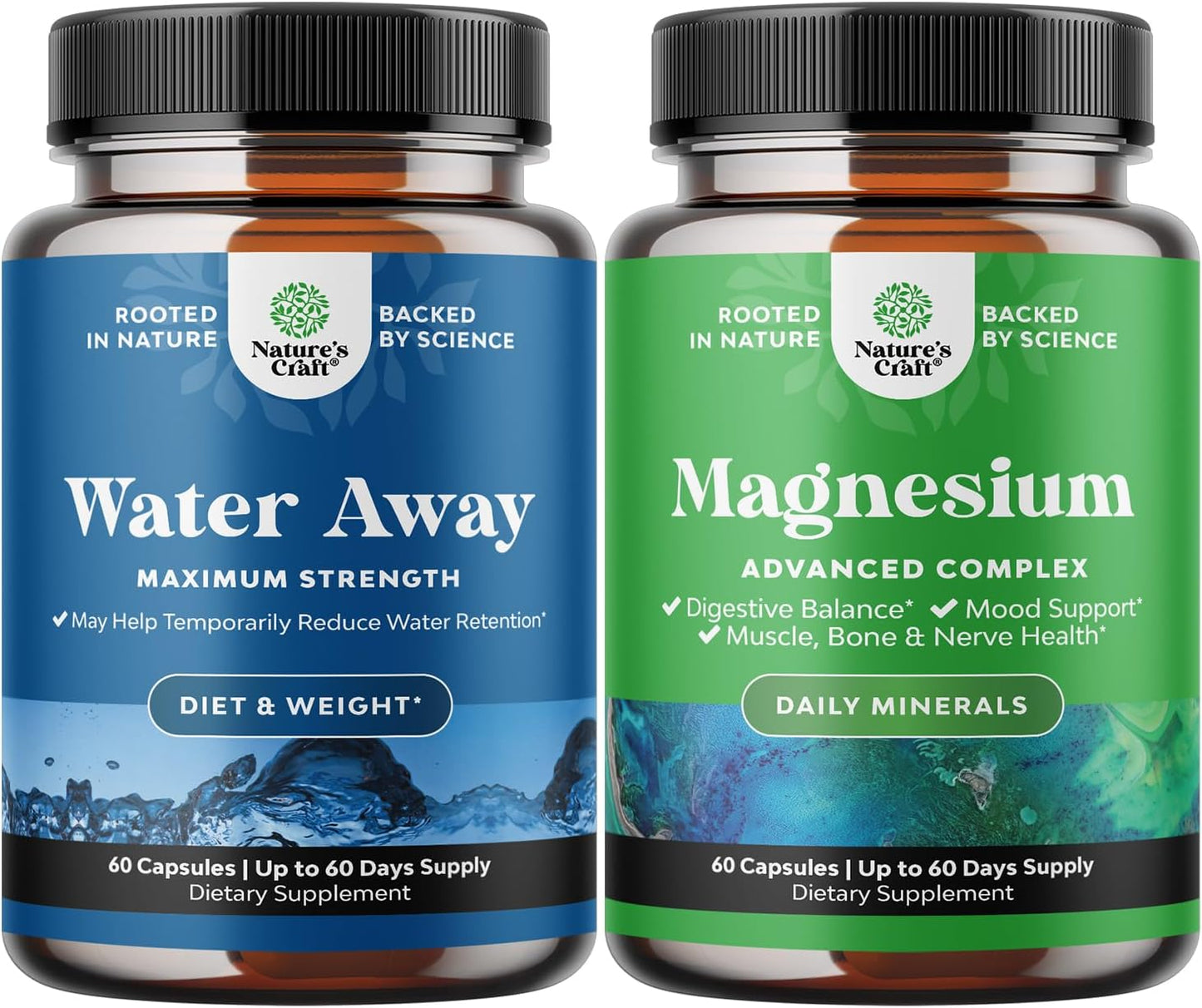 Water Away Pills + Magnesium Complex Supplement for Bloating Relief, Sleep, Digestion, Mood - Huntington Labs Bundle
