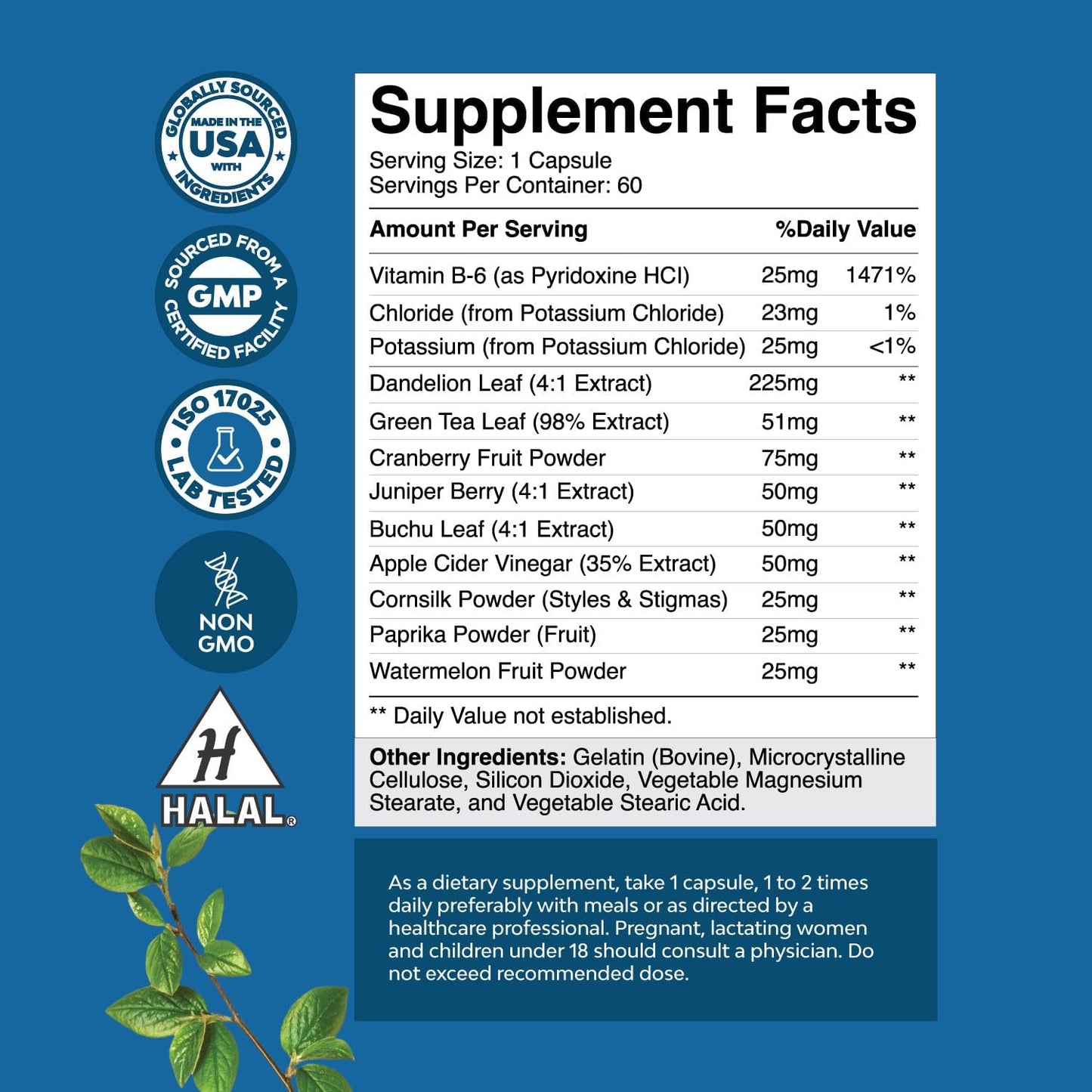 Water Away Pills with Vitamin B6, Potassium, Dandelion Root Extract - Natural Diuretic for Water Retention, Anti-Bloating, Weight Loss - Green Tea Antioxidant - Men & Women - Bio Sense