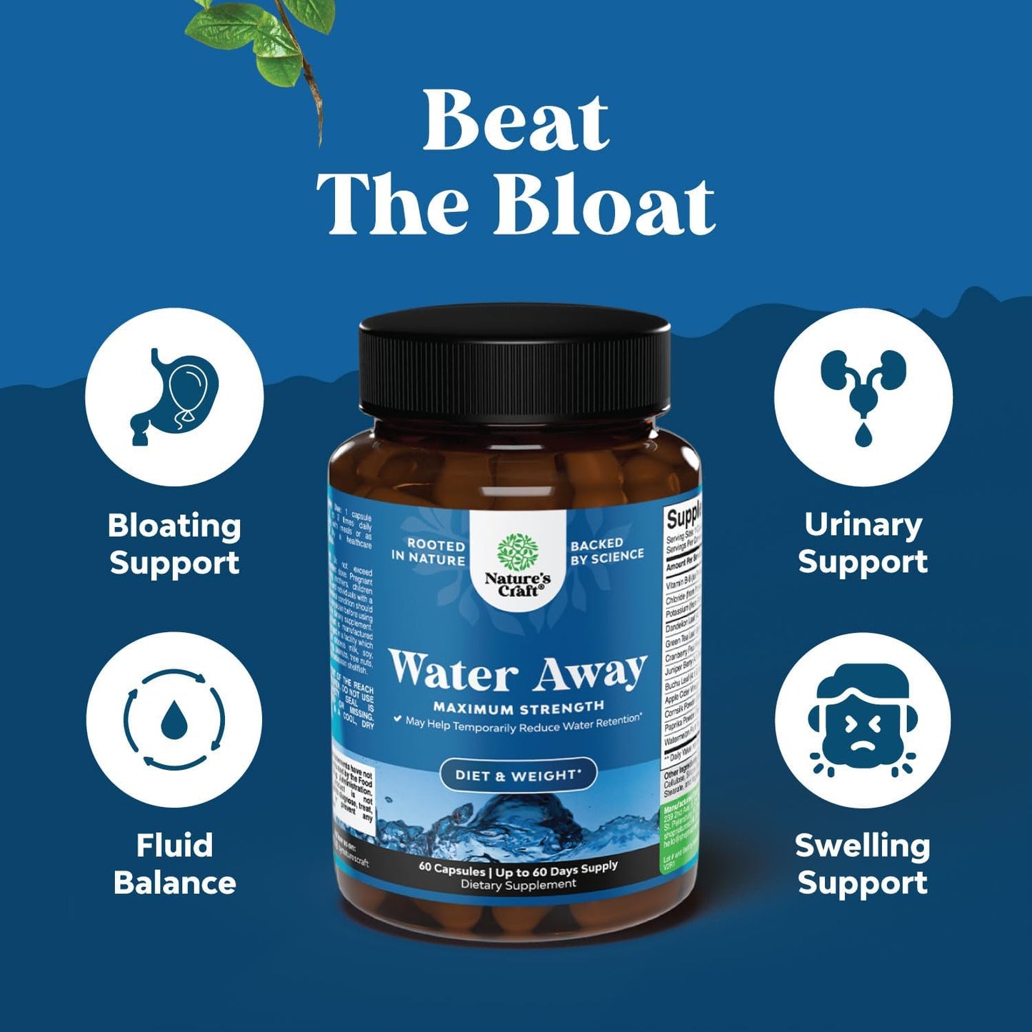 Water Away Pills with Vitamin B6, Potassium, Dandelion Root Extract - Natural Diuretic for Water Retention, Anti-Bloating, Weight Loss - Green Tea Antioxidant - Men & Women - Bio Sense