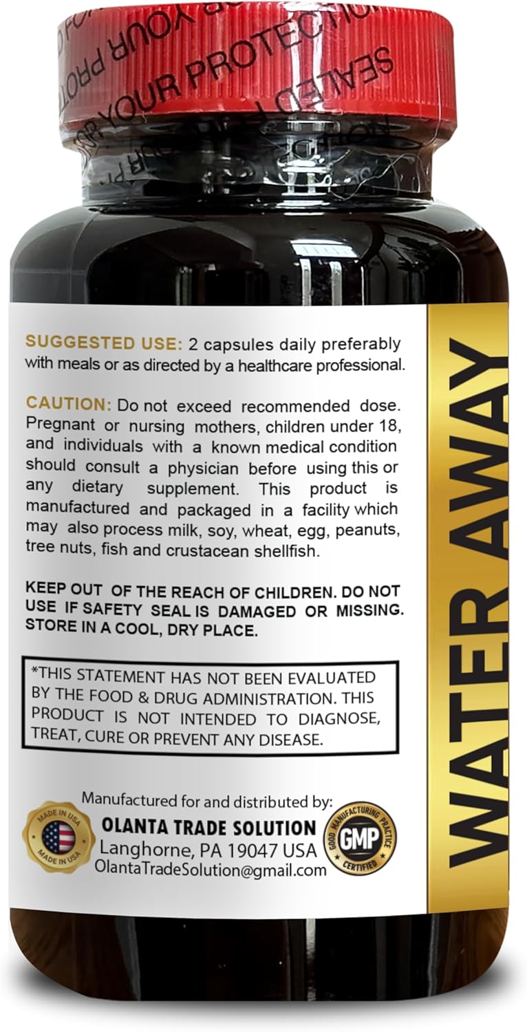 Water Away Supplement - Natural Diuretic Pills for Water Retention, Urinary Health, Bloating Relief - 60 Capsules