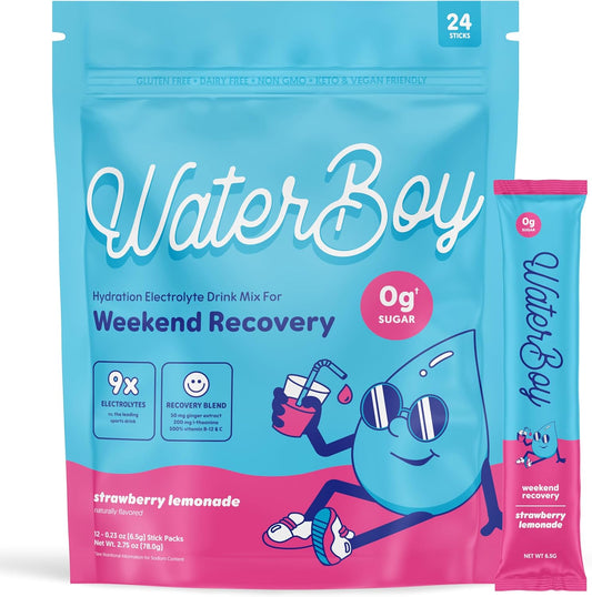 Waterboy Weekend Recovery Electrolyte Powder Packets - 3,200mg with Ginger, L-Theanine, & Vitamins - Sugar Free, All Natural, Gluten Free - 24 Drink Mixes (Strawberry Lemonade)