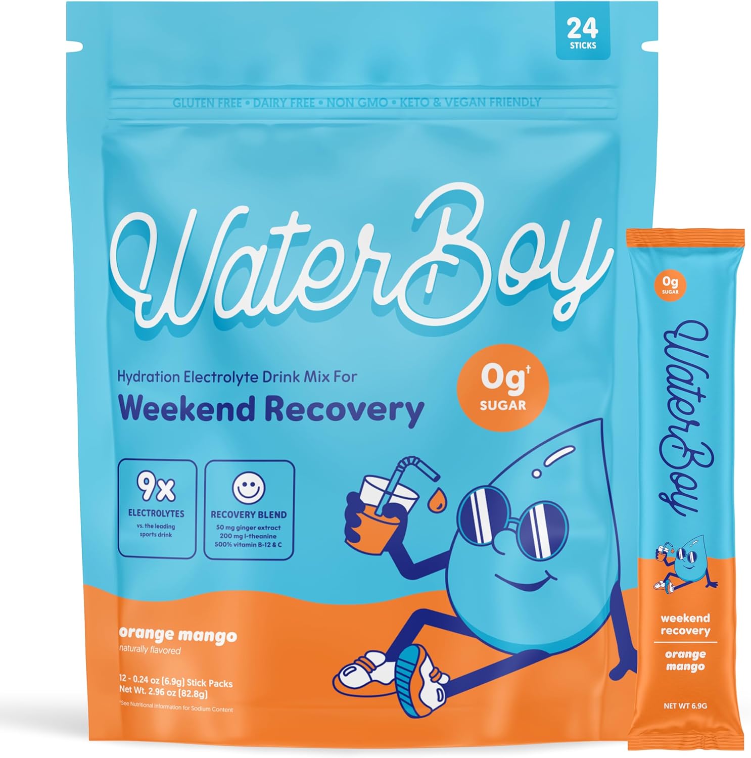 Waterboy Weekend Recovery Electrolyte Powder Packets - 3,200mg | Ginger, L-Theanine, Vitamins | No Sugar, All Natural, Gluten Free | 24 Drink Sticks (Orange Mango)