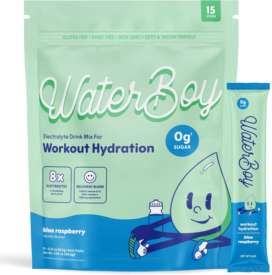 Waterboy Workout Hydration Drink Sticks with L-Glutamine and Vitamins - Sugar Free Electrolyte Powder Packets - Blue Raspberry Flavor - Gluten Free and All Natural - Pack of 15