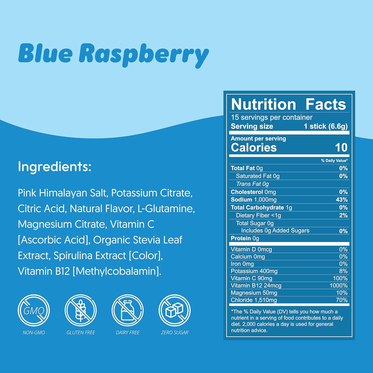 Waterboy Workout Hydration Drink Sticks with L-Glutamine and Vitamins - Sugar Free Electrolyte Powder Packets - Blue Raspberry Flavor - Gluten Free and All Natural - Pack of 15