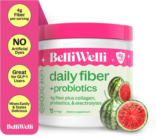 Watermelon Belli Welli Fiber Supplement Powder with Collagen, Probiotics, and Electrolytes - 16 Servings for Digestive Health & Gut Balance
