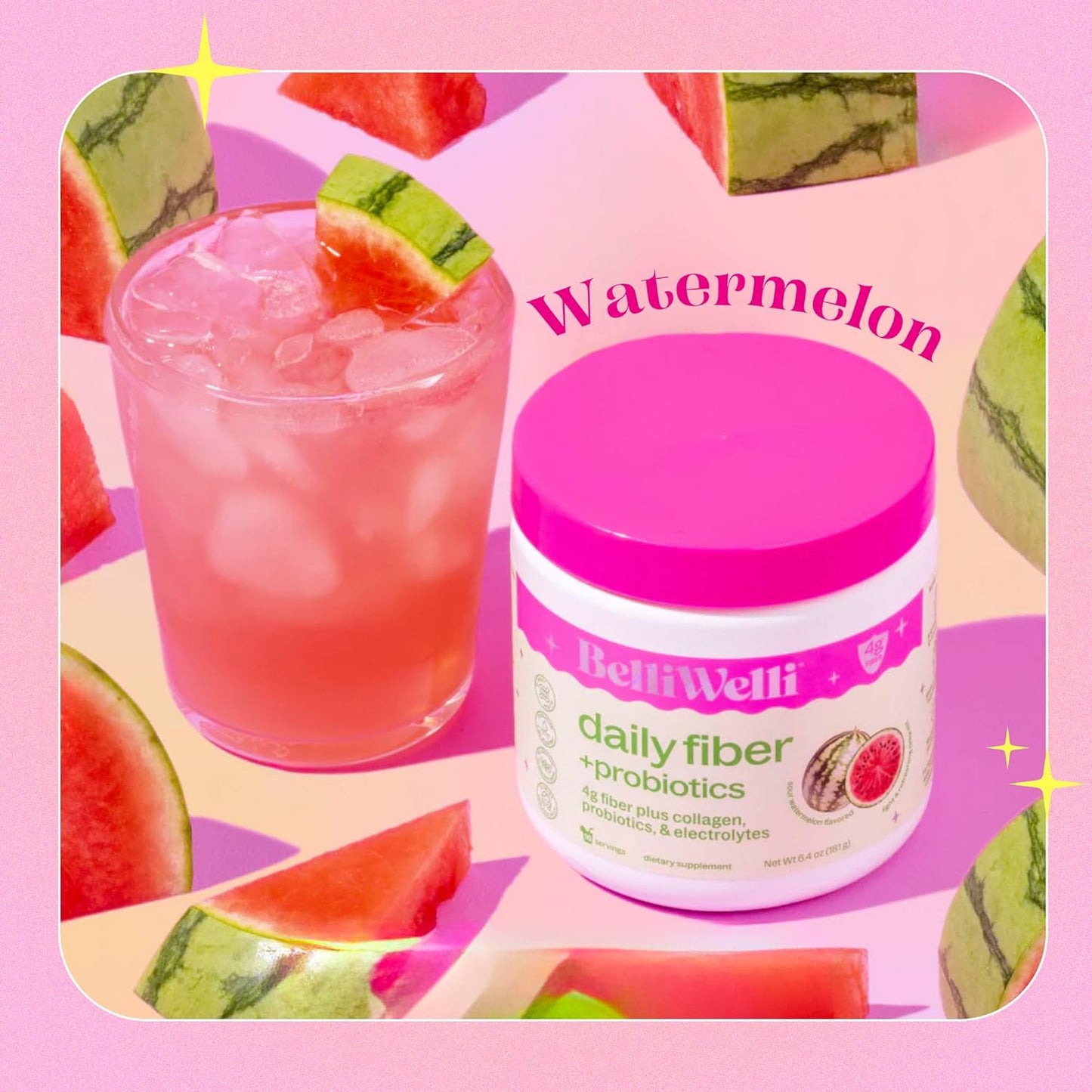 Watermelon Belli Welli Fiber Supplement Powder with Collagen, Probiotics, and Electrolytes - 16 Servings for Digestive Health & Gut Balance