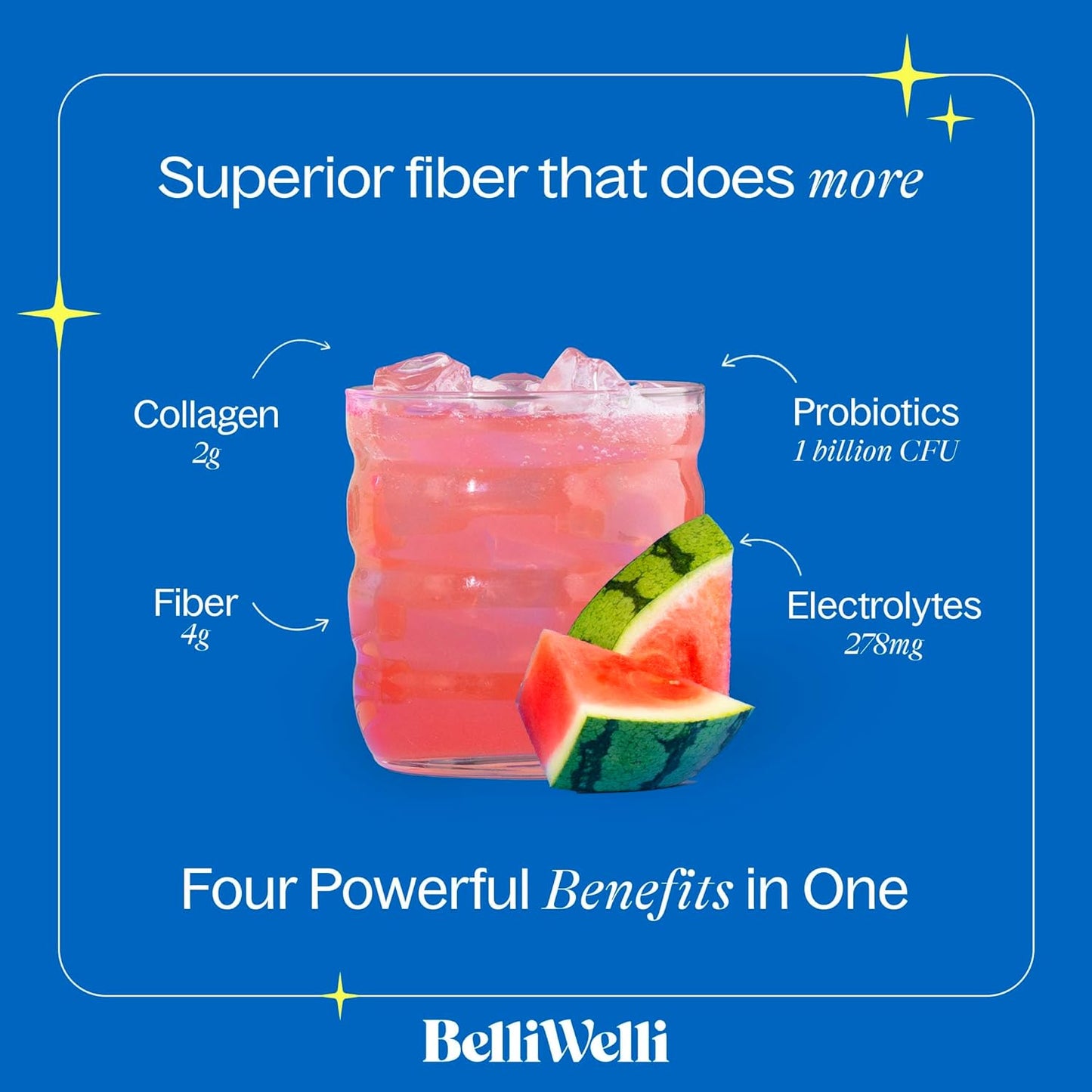 Watermelon Belli Welli Fiber Supplement Powder with Collagen, Probiotics, and Electrolytes - 16 Servings for Digestive Health & Gut Balance