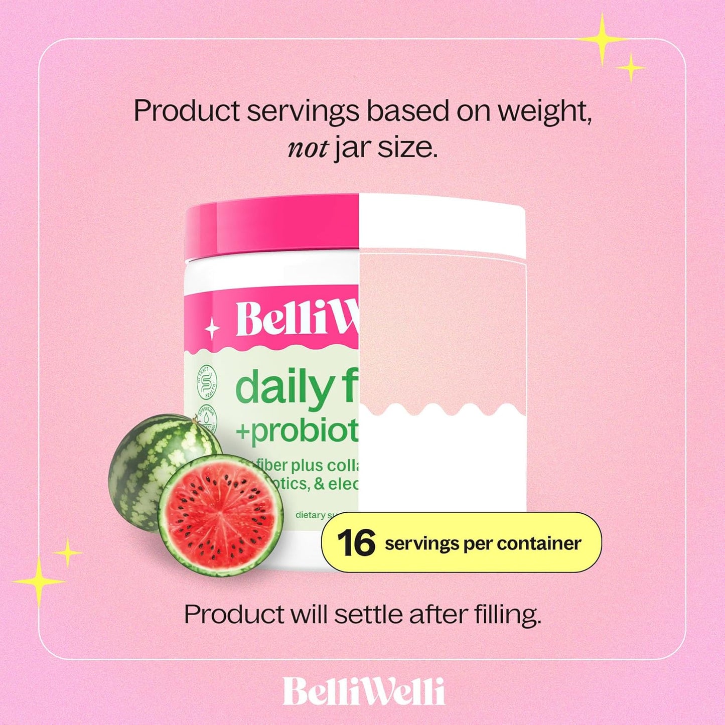 Watermelon Belli Welli Fiber Supplement Powder with Collagen, Probiotics, and Electrolytes - 16 Servings for Digestive Health & Gut Balance