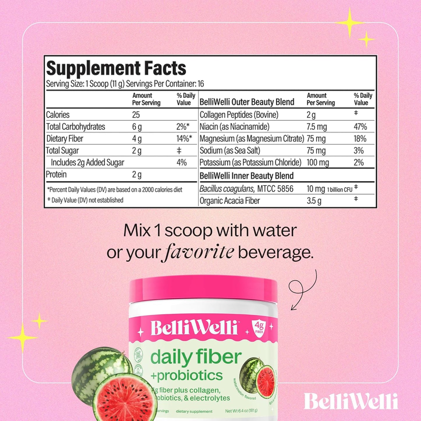 Watermelon Belli Welli Fiber Supplement Powder with Collagen, Probiotics, and Electrolytes - 16 Servings for Digestive Health & Gut Balance